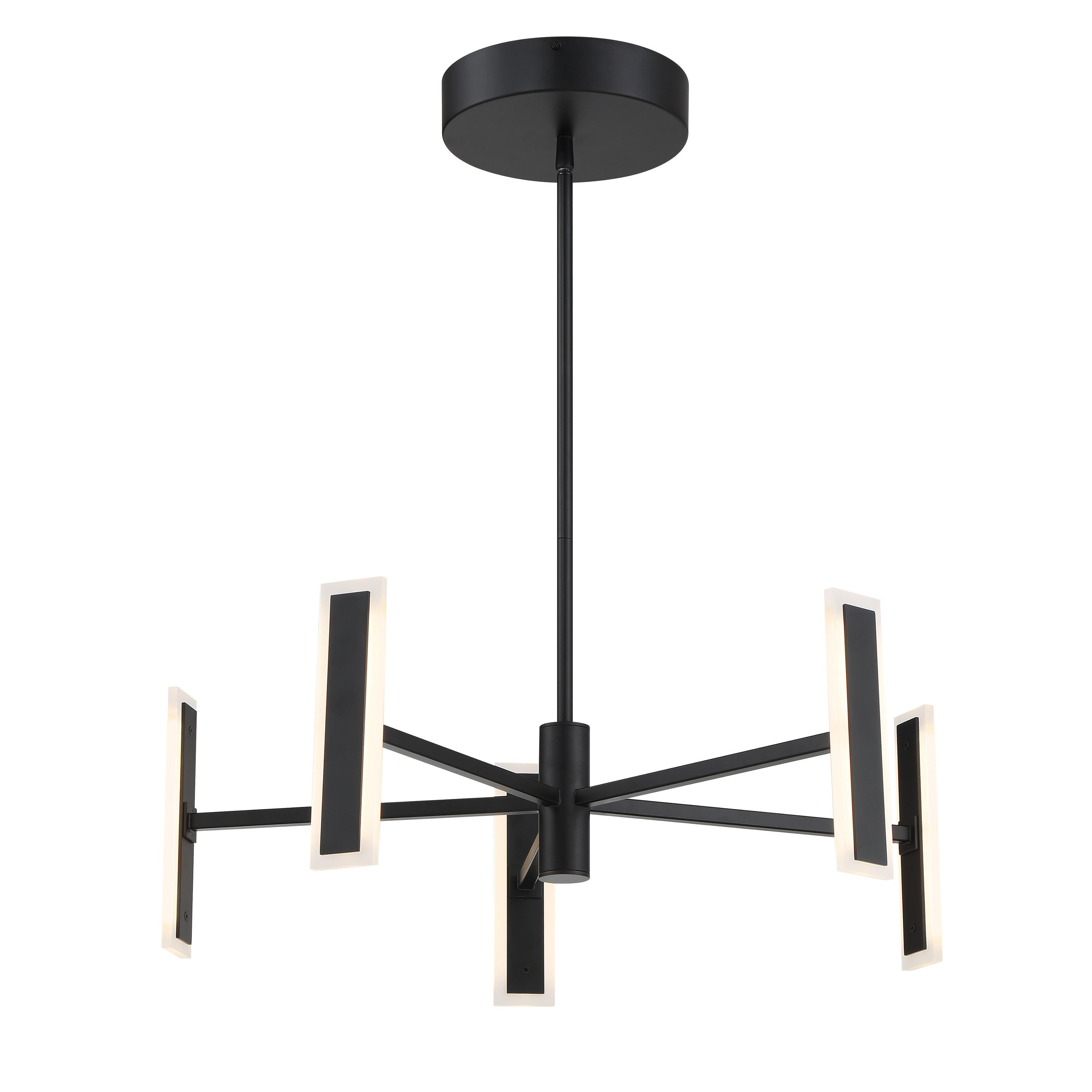 The Edge chandelier delivers modern sophistication with its clean linear profile and coal black finish. Five integrated LED lights provide bright, energy-efficient illumination through etched acrylic diffusers for a soft, even glow. - alternate view