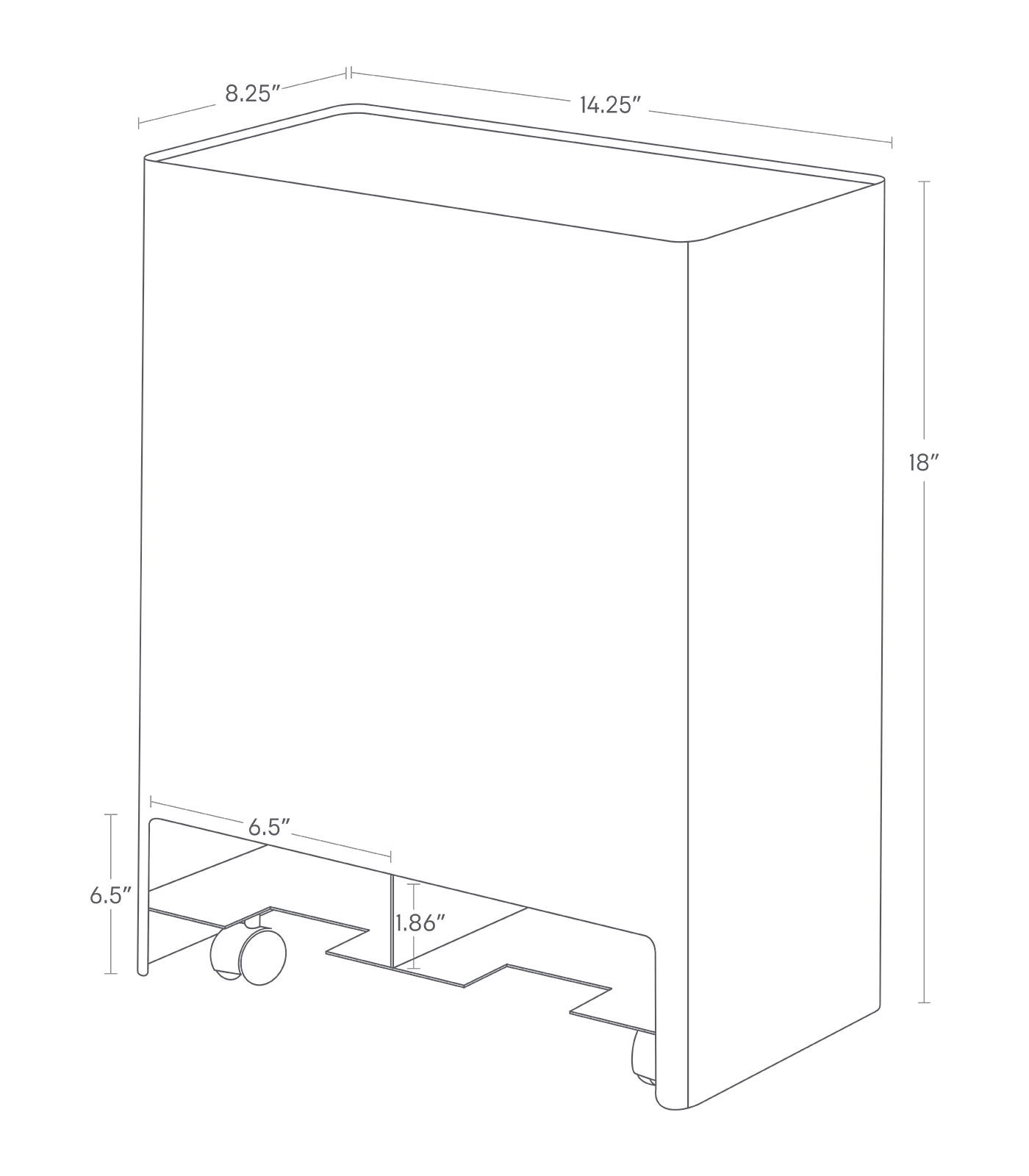 Dimension image for Rolling Diaper Stacker showing a total length of 14.25 inches, width of 8.25 inches and height of 18 inches. Floor to compartment length of 6.5 inches. Opening is 6.5 inches by 1.86 inches.