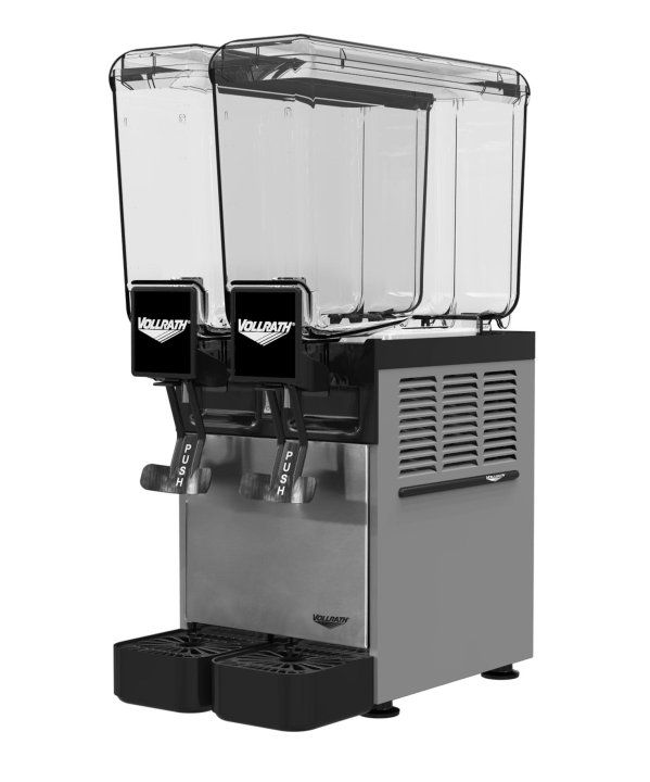 Refrigerated beverage dispenser with two 2.11-gallon bowls and agitator circulation