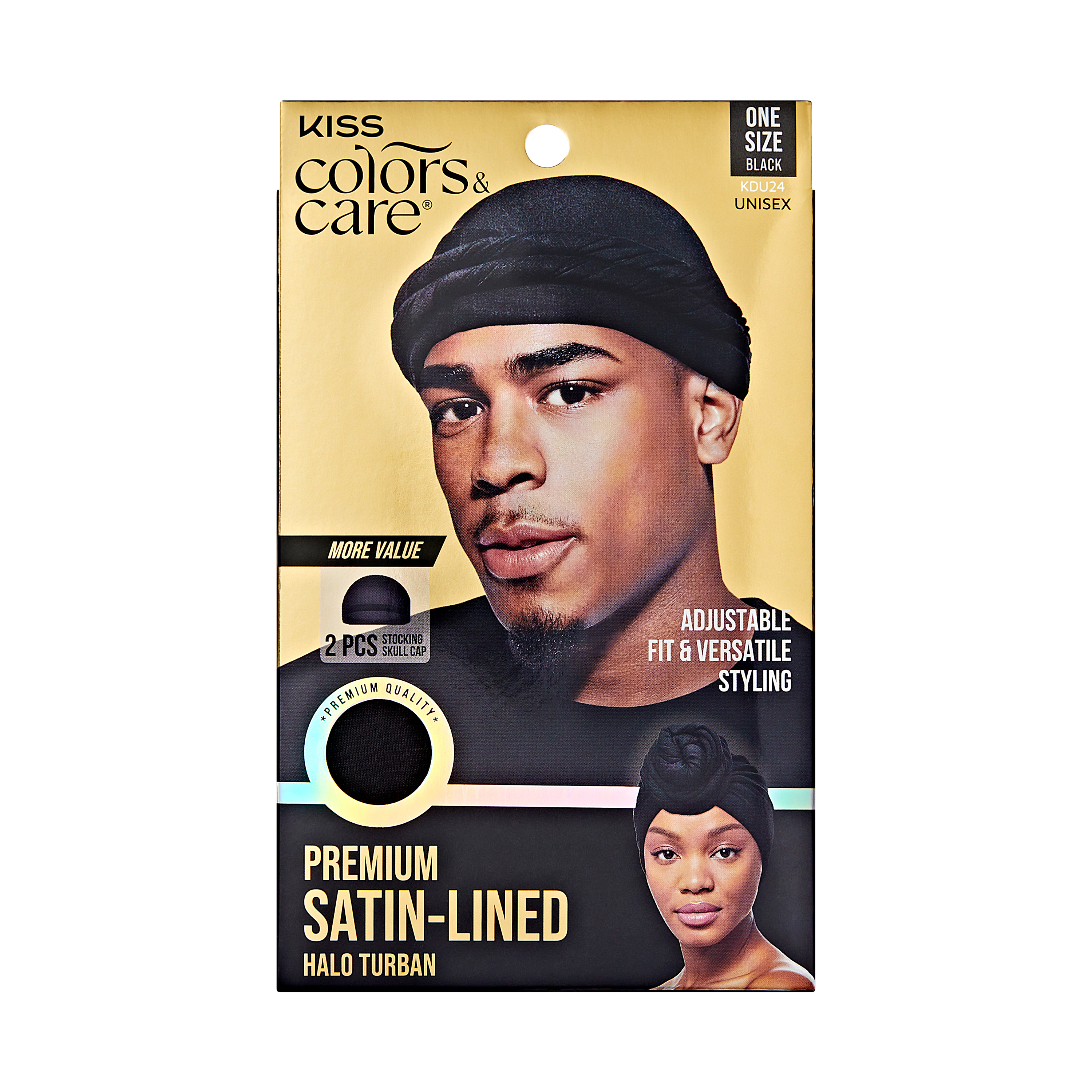 Black | w/ 2 Wave Caps | Premium | Satin-Lined Halo Turban Set
