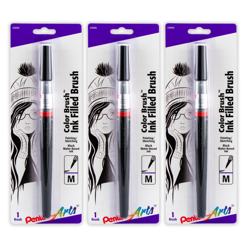 Color Brush with Water-Based Ink, Medium Tip, Black, Pack of 3