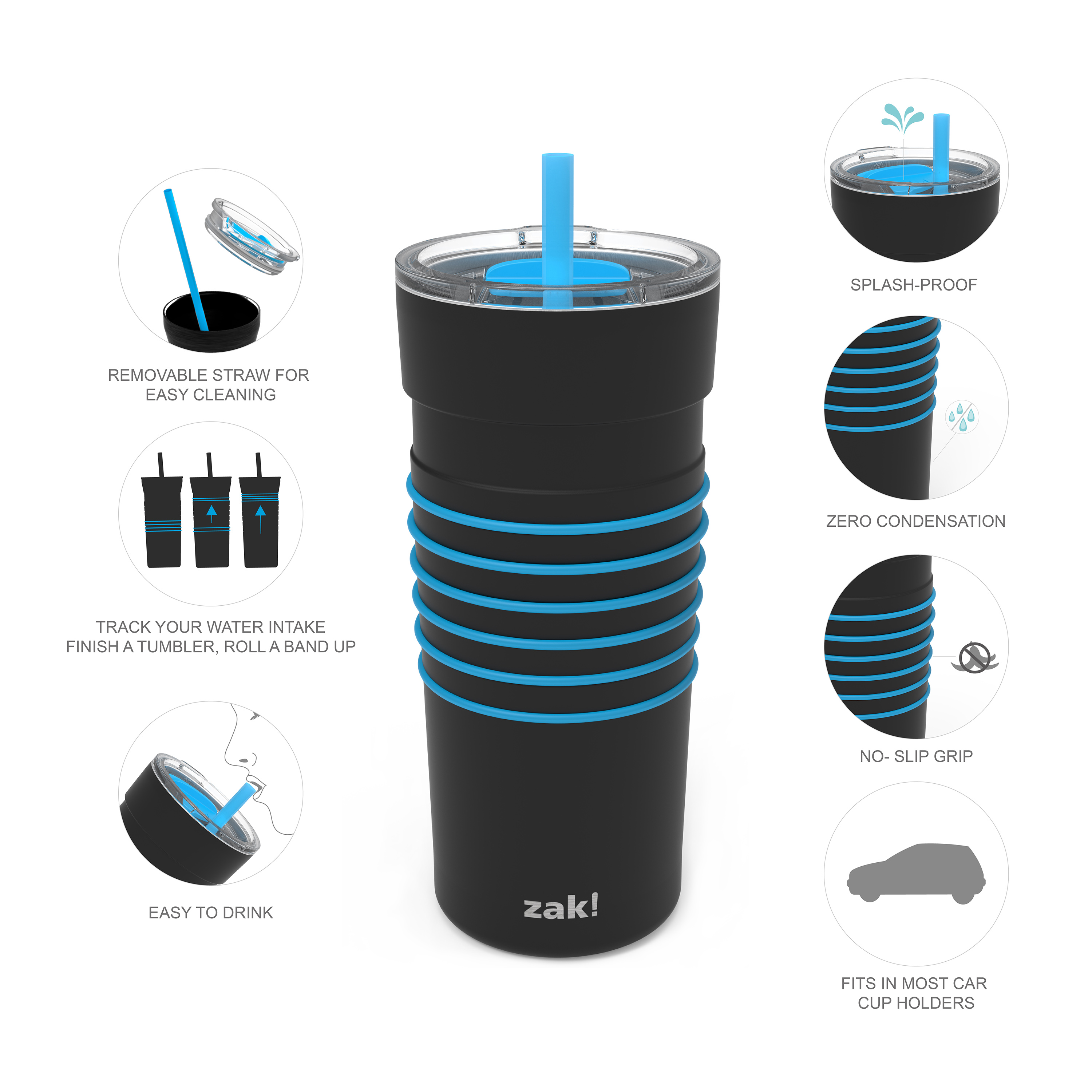 HydraTrak 20 ounce Vacuum Insulated Stainless Steel Tumbler, Black with Blue Rings slideshow image 4 HydraTrak 20 ounce Vacuum Insulated Stainless Steel Tumbler, Black with Blue Rings slideshow image 4