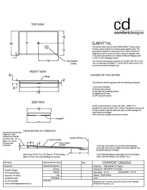 Spec Sheet — Cd Shower Base Spec Sheet Xsb 6238bf Bf 75