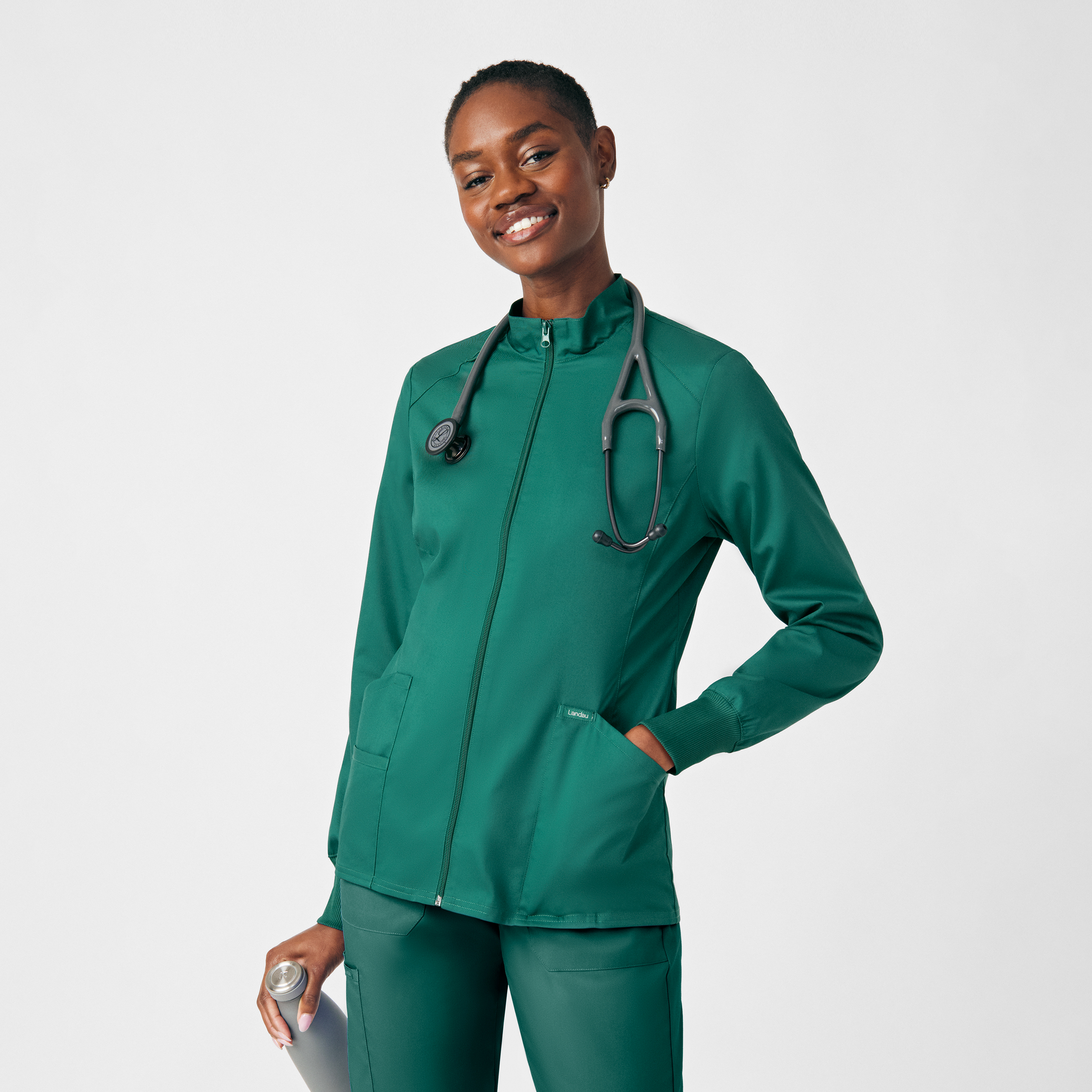 Landau ProFlex LJ701 Women&#8216;s 3-Pocket Wrinkle Resistant Zip-Front Mock Neck Scrub Jacket with Knit Cuffs-Landau