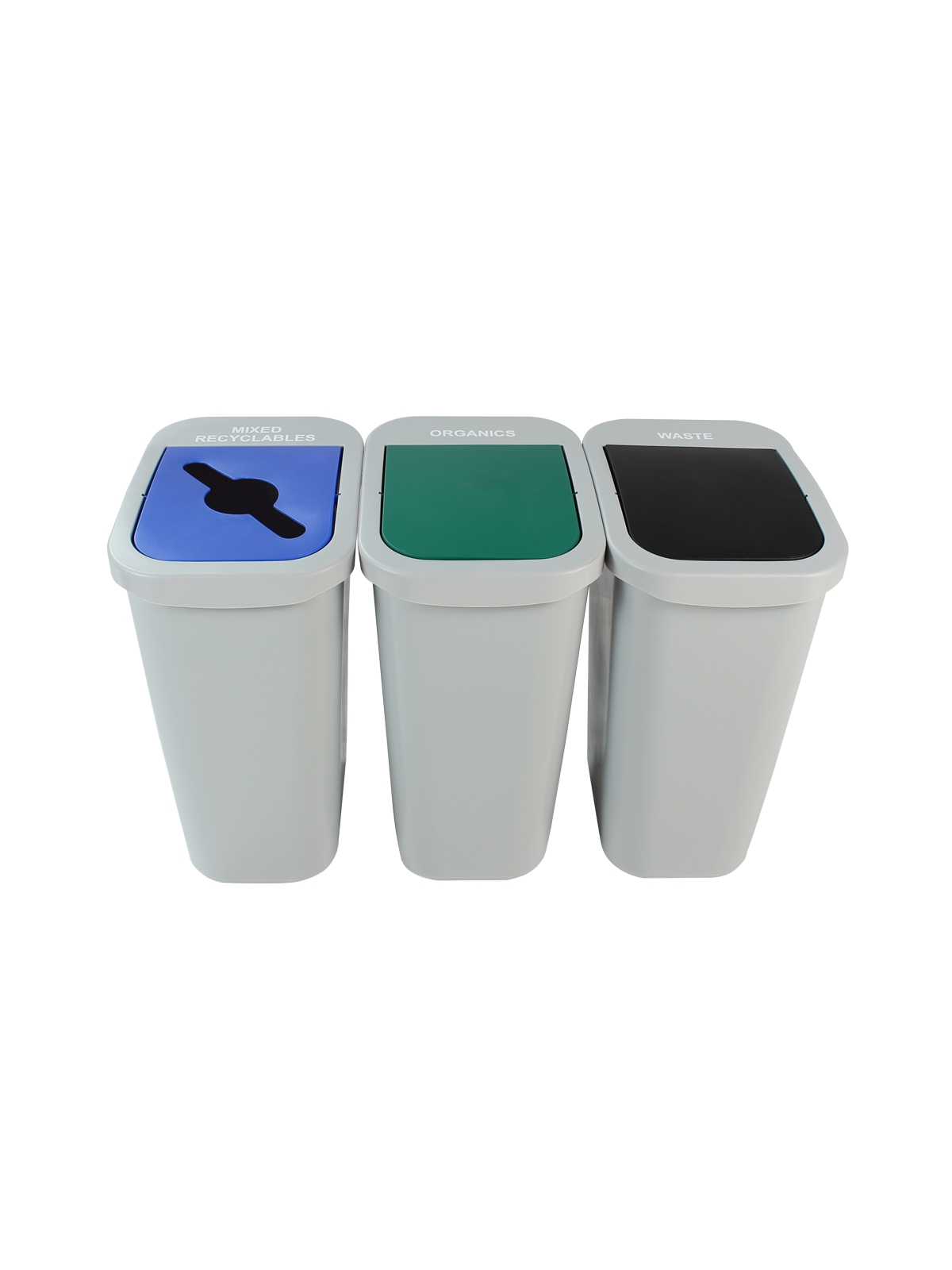 BILLI BOX – Triple – Kit – 10 G – Mixed Recyclables-Organics-Waste – Mixed-Swing-Swing – Grey-Blue-Green-Black