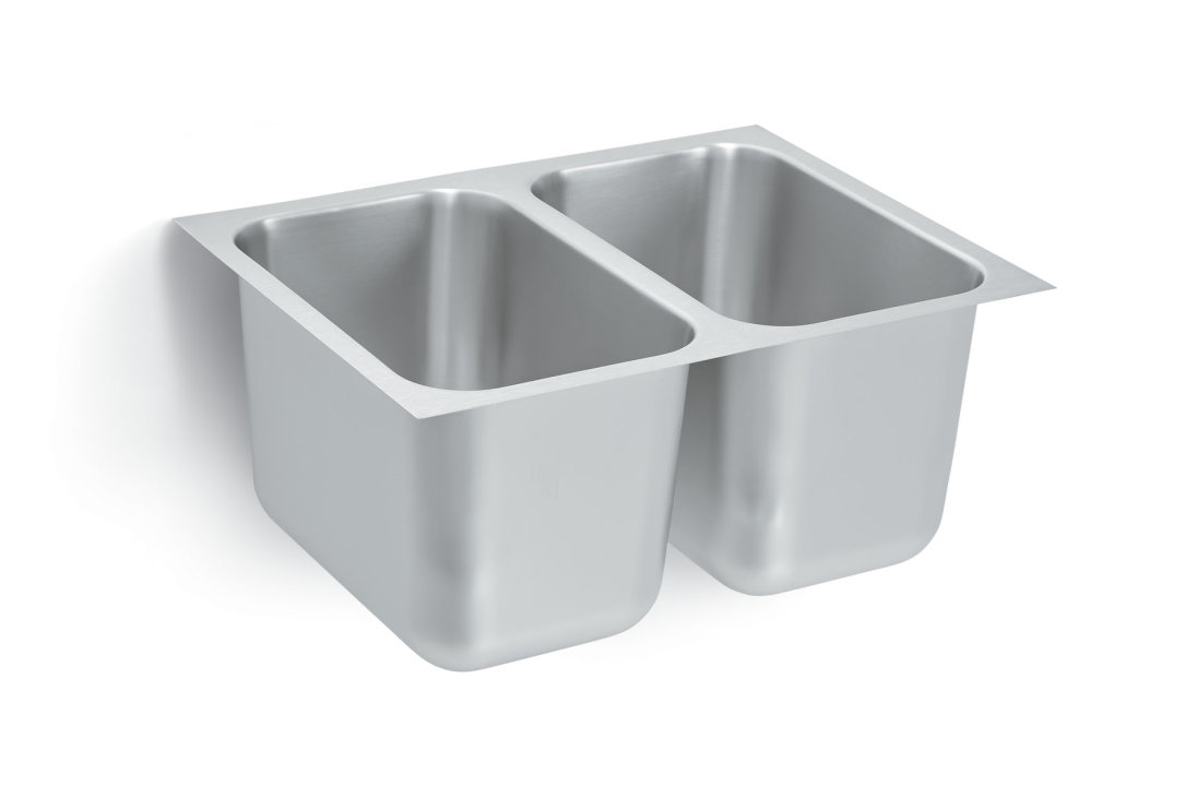 23" x 16" x 9-1/4" double-bowl stainless steel weld-in or undermount sink with 3-1/2" drain openings