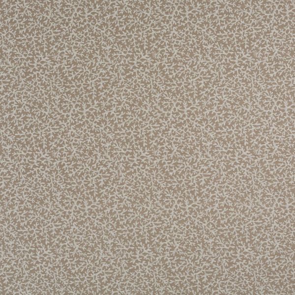 Beige textured wallpaper with a dense, white branching (coral-like) motif, covering the surface uniformly; shown flat in a close-up, evenly lit interior-wall or fabric-swatch view.