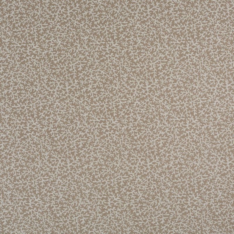 Beige textured wallpaper with a dense, white branching (coral-like) motif, covering the surface uniformly; shown flat in a close-up, evenly lit interior-wall or fabric-swatch view.