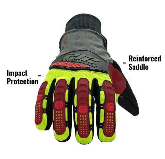 Waterproof Fleece Lined Impact and ANSI A3 Cut Resistant Tundra Winter Work Gloves in Black THIMWC3 showing Reinforced Saddle and Impact Protection