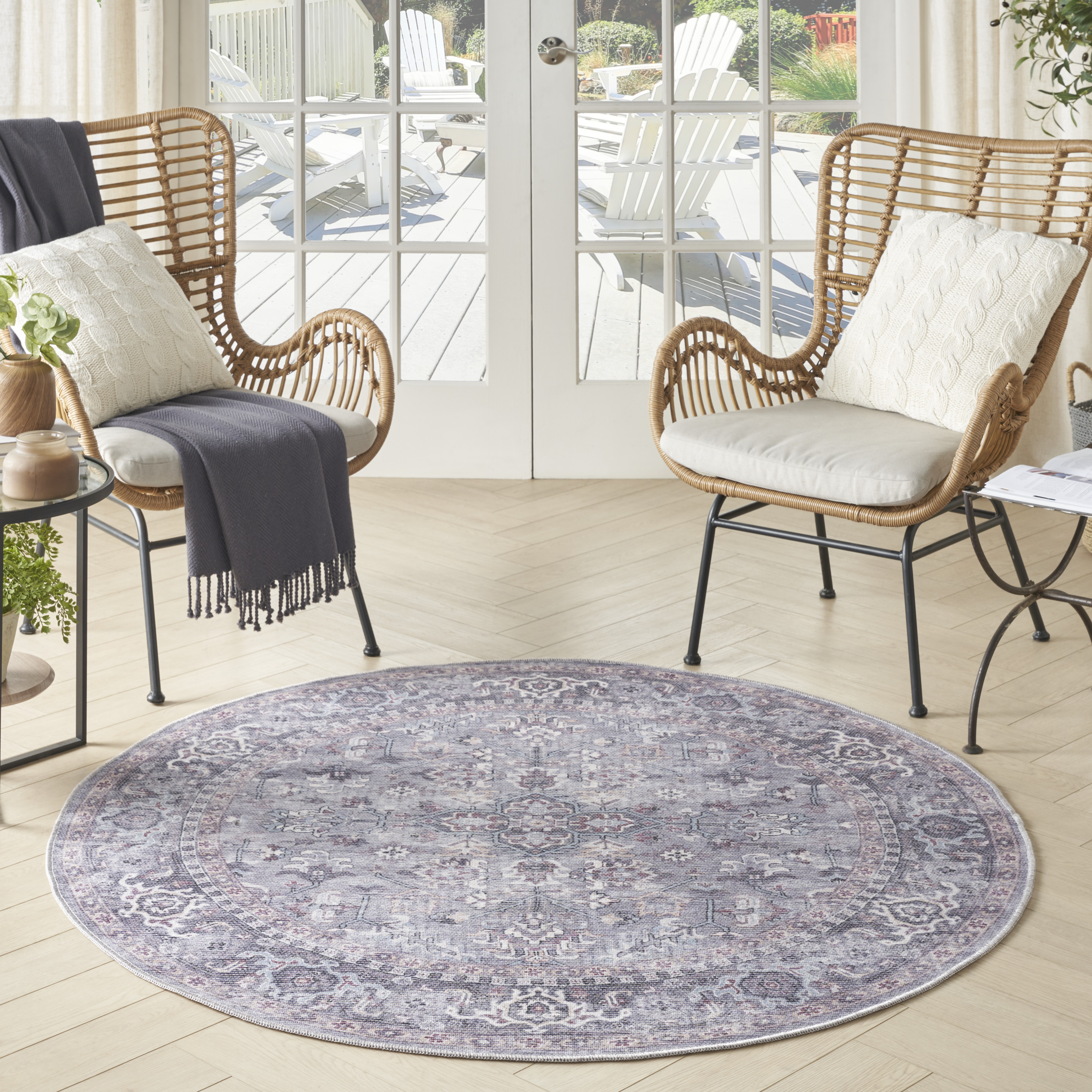 Nourison New Concept Washables 7'10" x Round Grey Vintage Indoor Rug