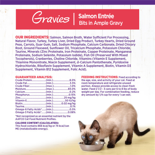 <p>Salmon, Salmon Broth, Water Sufficient For Processing, Natural Flavor, Turkey, Turkey Liver, Dried Egg Product, Turkey Hearts, Dried Ground Peas, Carrots, Guar Gum, Salt, Sodium Phosphate, Calcium Carbonate, Dried Chicory Root, Ground Flaxseed, Sunflower Oil, Tricalcium Phosphate, Potassium Chloride, Taurine, Minerals (Zinc Proteinate, Iron Proteinate, Copper Proteinate, Manganese Proteinate, Sodium Selenite, Potassium Iodide), Fish Oil (Preserved With Mixed Tocopherols), Cranberries, Choline Chloride, Vitamins (Vitamin E Supplement, Thiamine Mononitrate, Niacin Supplement, d-Calcium Pantothenate, Pyridoxine Hydrochloride, Riboflavin Supplement, Vitamin A Supplement, Biotin, Vitamin D3 Supplement, Vitamin B12 Supplement, Folic Acid).</p>
