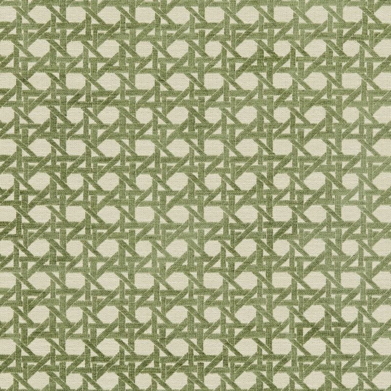 Green geometric woven fabric with interlocking diagonal bars and pale rounded squares, repeating lattice pattern, lying flat as textured upholstery or wallpaper close-up under soft, even light.