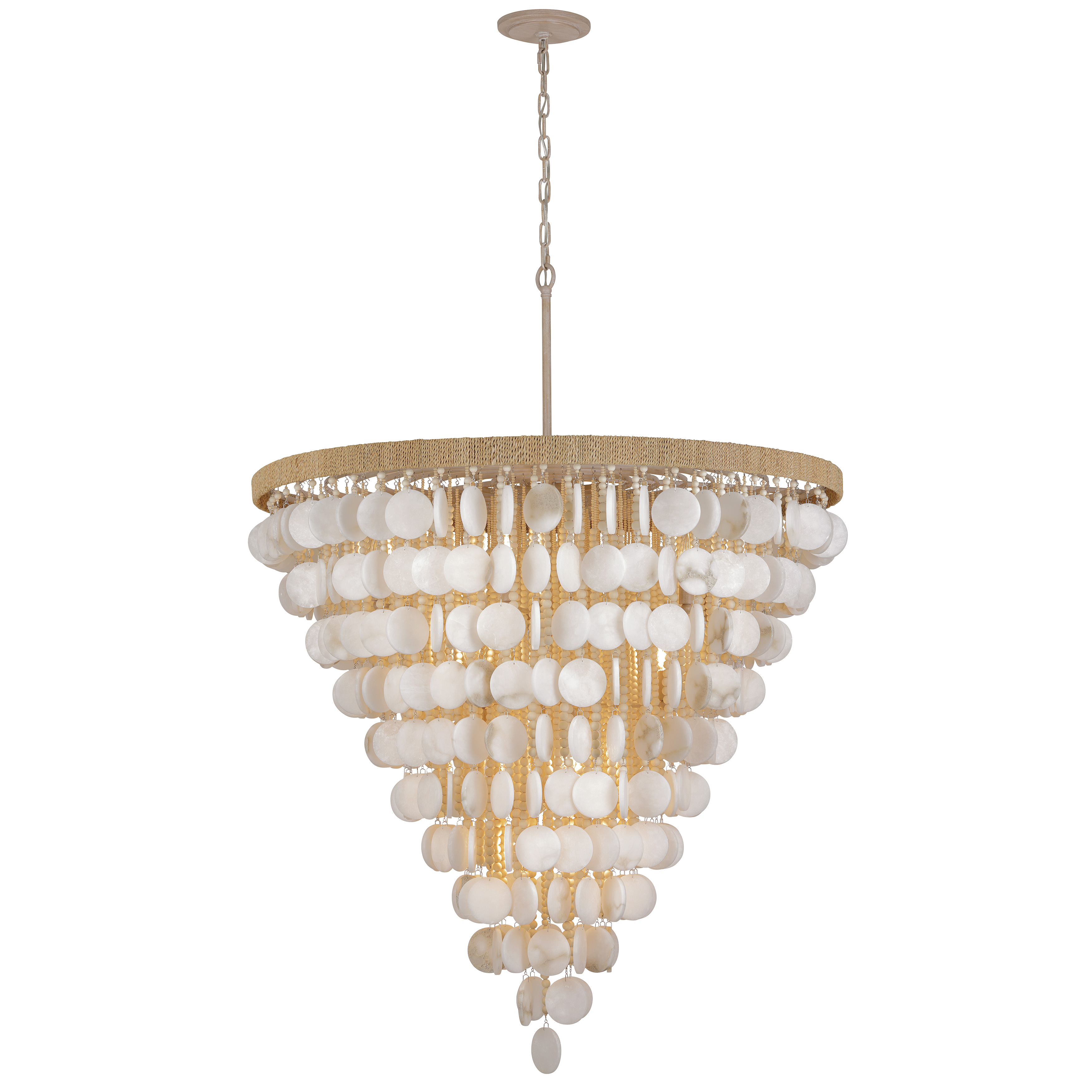 This oversized 15-light pendant combines alabaster stone, coco beads, and natural rope for a stunning coastal-inspired centerpiece. At 40 inches wide and over 55 inches tall, it commands attention in grand spaces. - alternate view