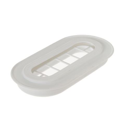 Refrigerator soft white oval gaskets on the left fresh food door that seals to the openings in the liner