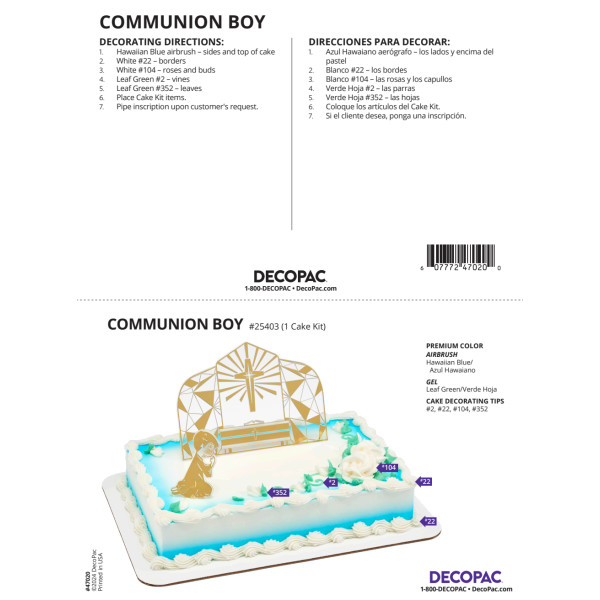 Communion Boy Cake Decorating Instruction Card