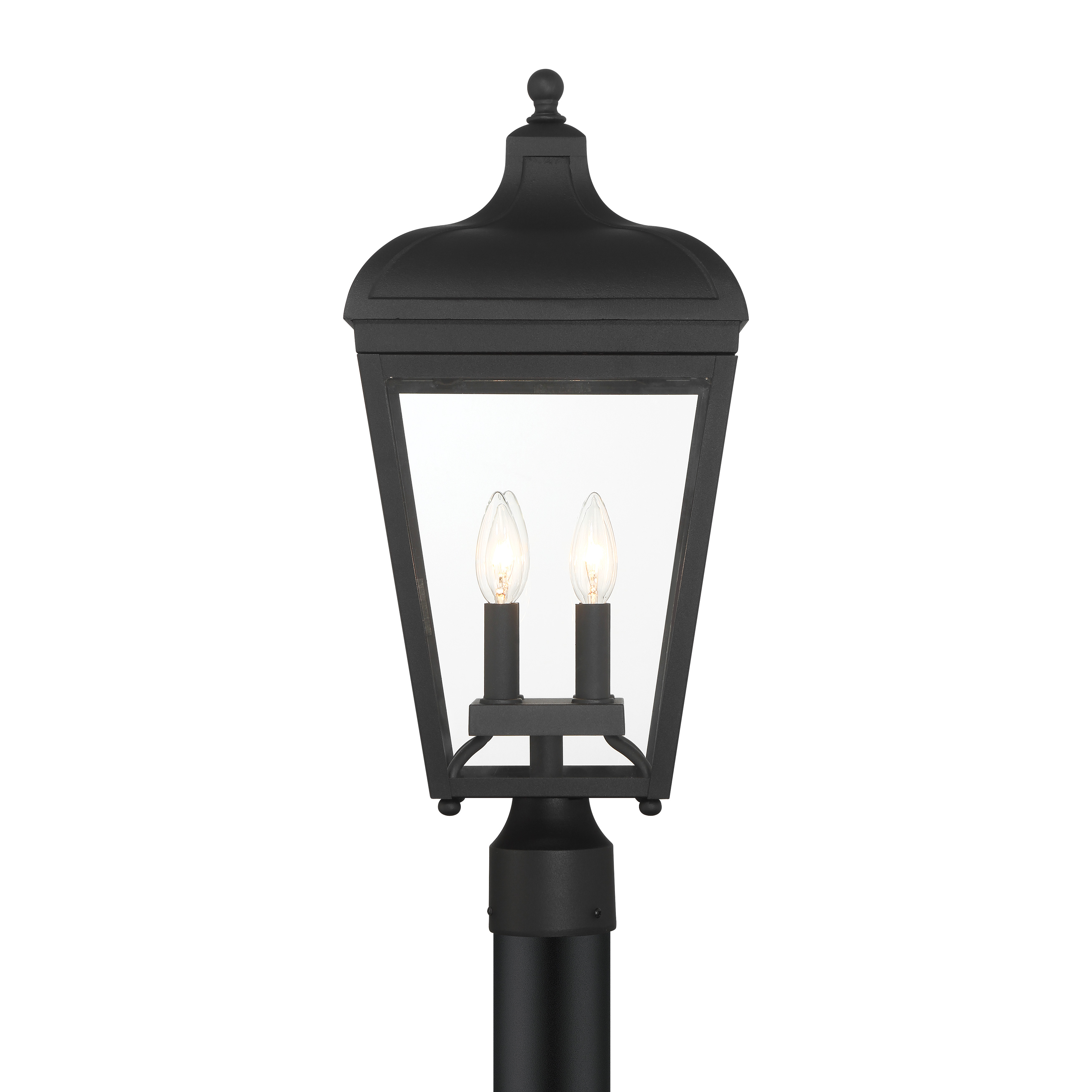 The Marquee 4-Light Post Mount combines contemporary aluminum construction with traditional candelabra styling. Its Sand Coal Black finish and glass sleeves create dramatic outdoor illumination for entryways and pathways. - alternate view
