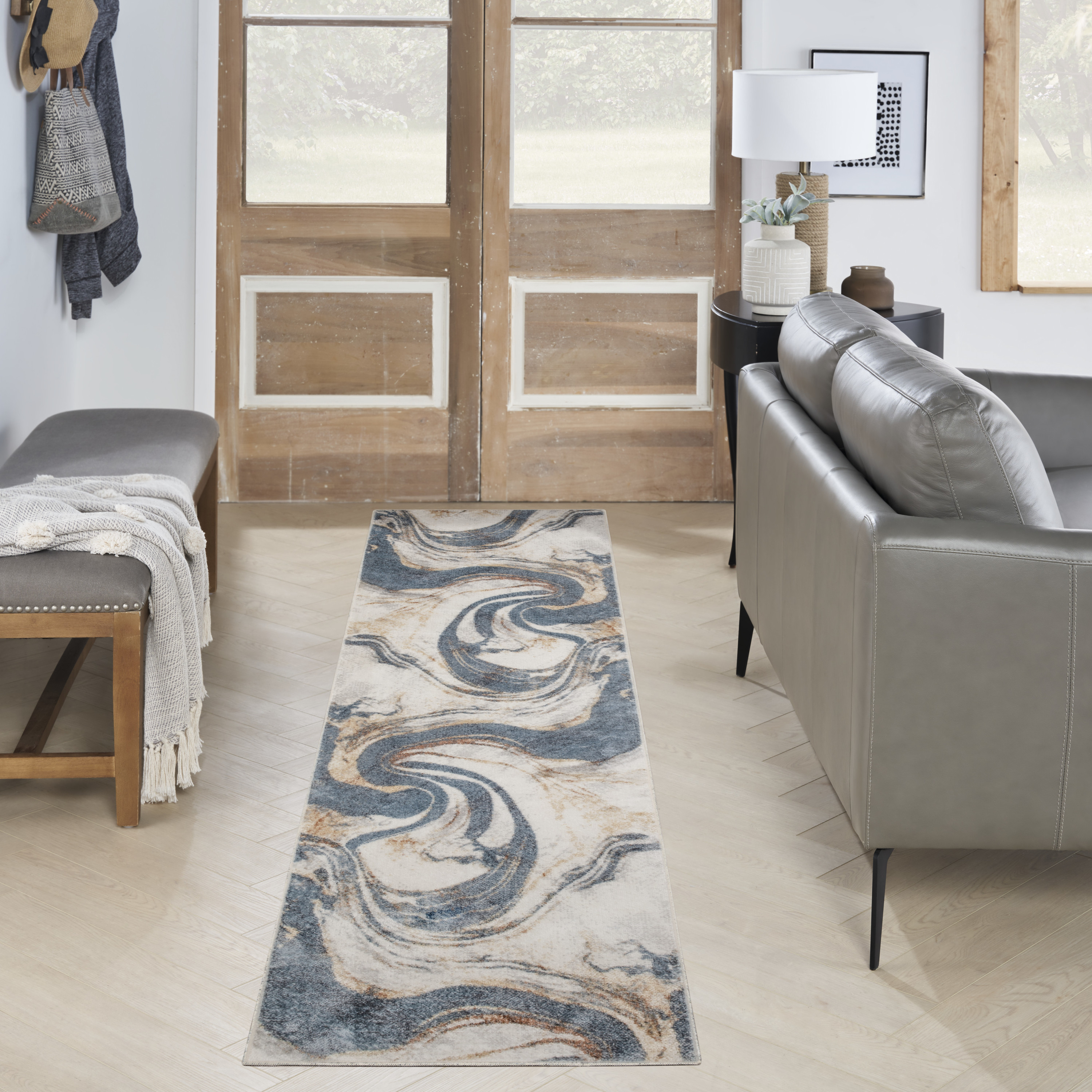 Nourison Astra Machine Washable 2' x 6' Ivory Blue Modern Indoor Rug