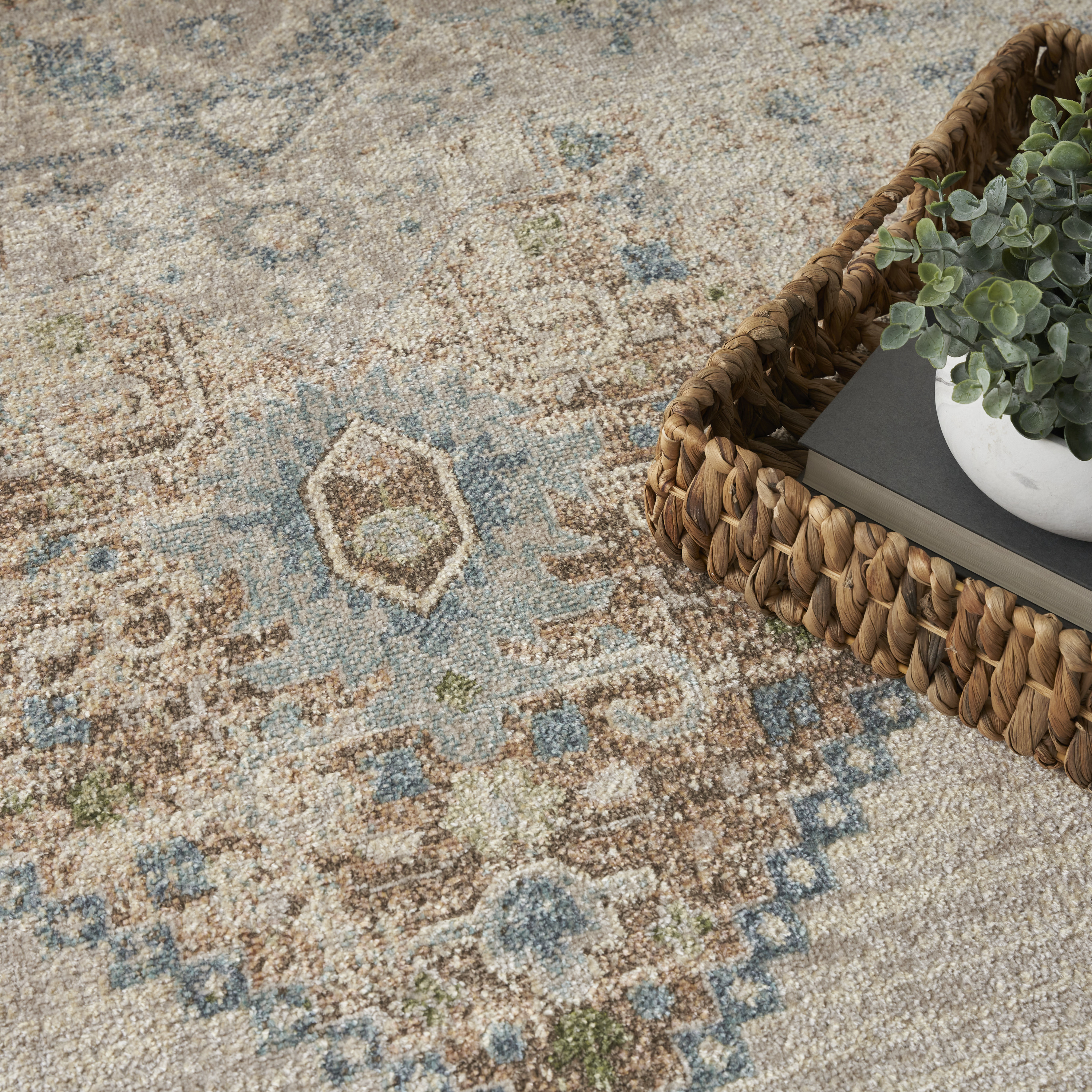 Nourison Astra Machine Washable 6'7" x 9' Ivory Blue Vintage Indoor Rug