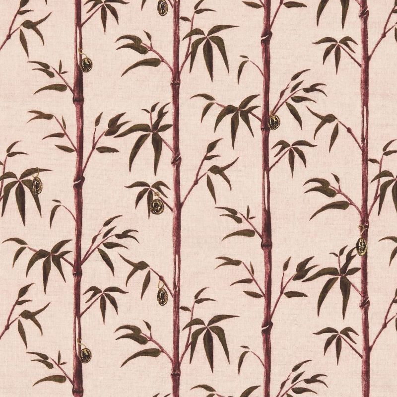 Vertical maroon bamboo stalks with dark green leaves and small hanging oval pods â€” arranged in repeating printed columns â€” on a pale pink textured wallpaper or fabric background.
