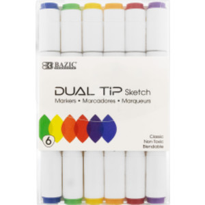 Marcadores de bocetos de doble punta, 6 colores primarios