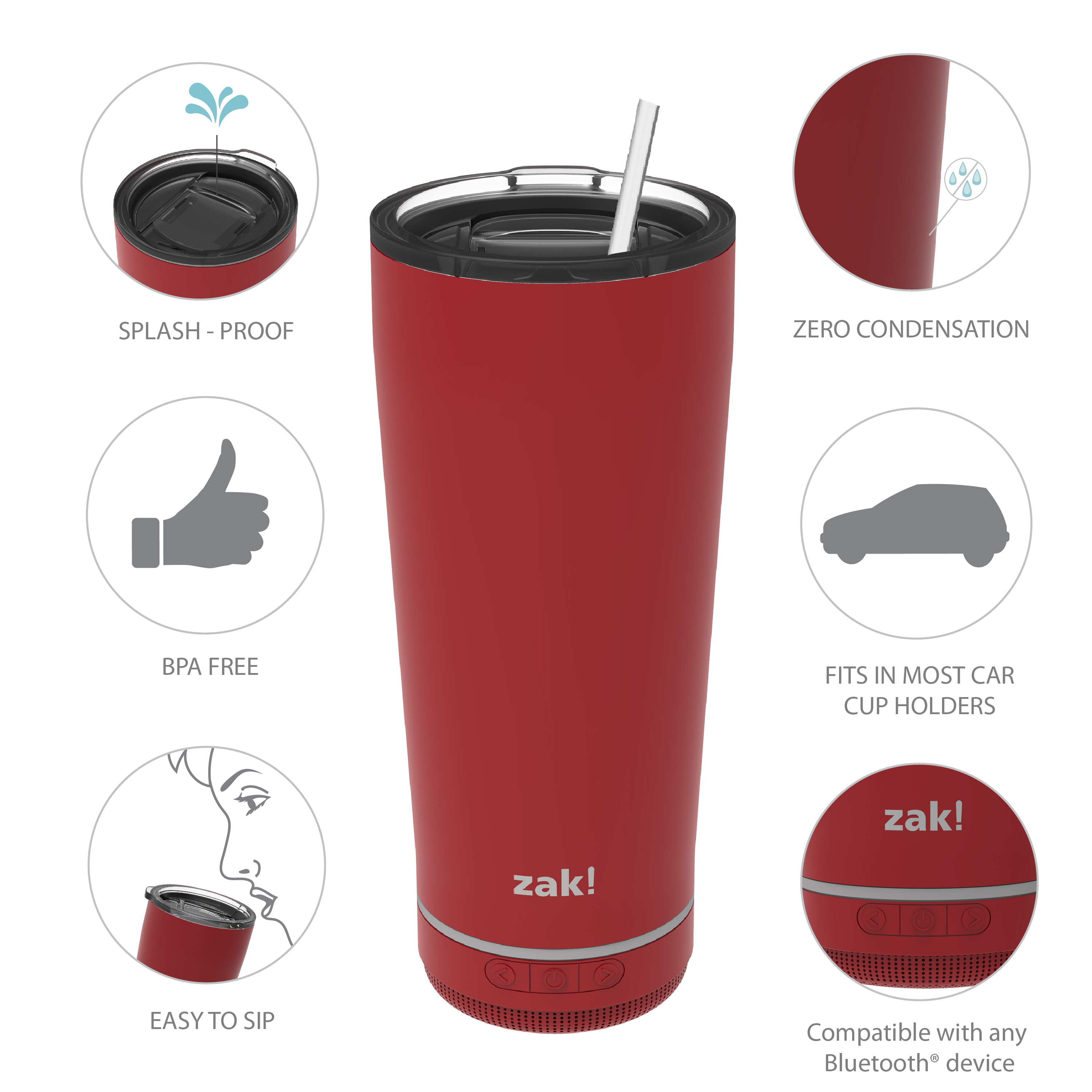 Zak Play 18 ounce Stainless Steel Tumbler with Bluetooth Speaker, Red slideshow image 3