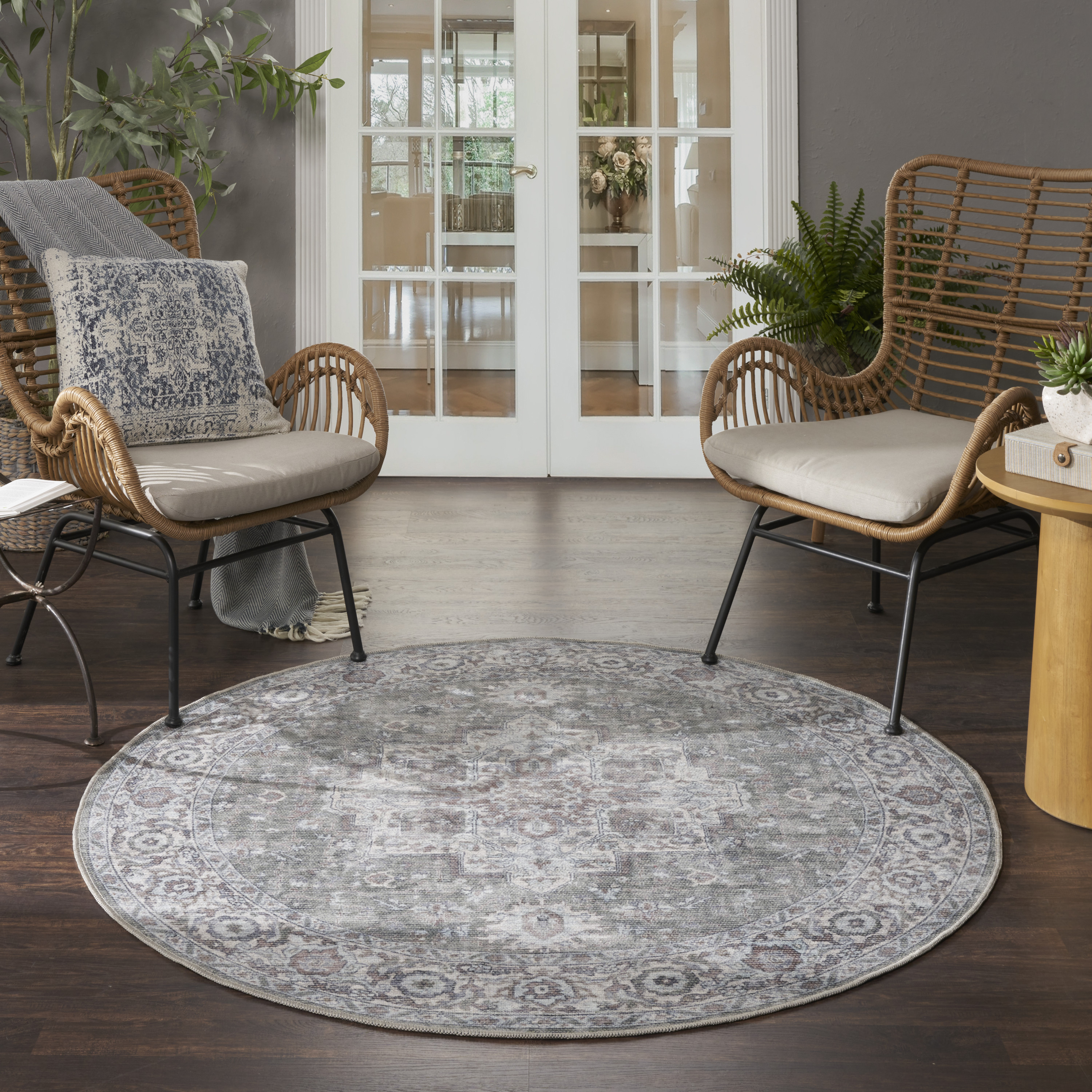 Nourison New Concept Washables 5'3" x Round Ivory Grey Vintage Indoor Rug