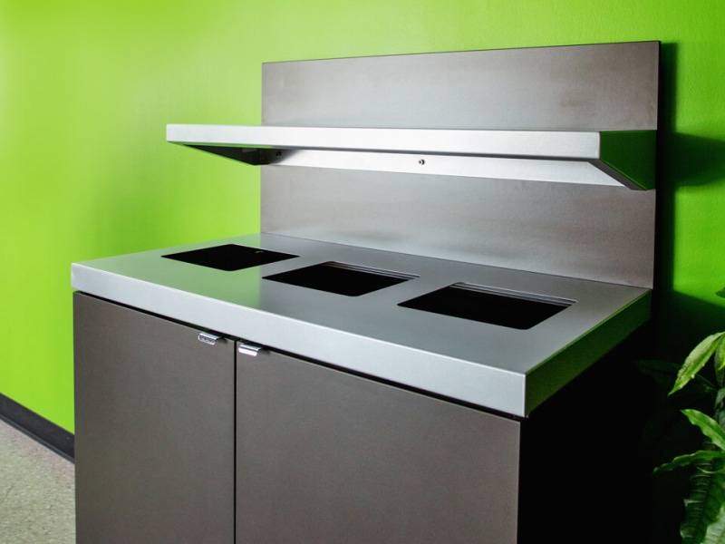 high-end aesthetic waste and recycling station designed for restaurants with a built-in tray shelf and triple opening lid