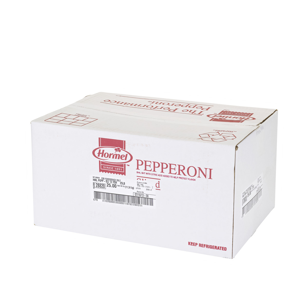 HORMEL(r) THE PERFORMANCE PEPPERONI(r) Pepperoni, 12 slices per oz, 2/12.5 lb . C1RA - Front Right Closed Case (Hi Res)