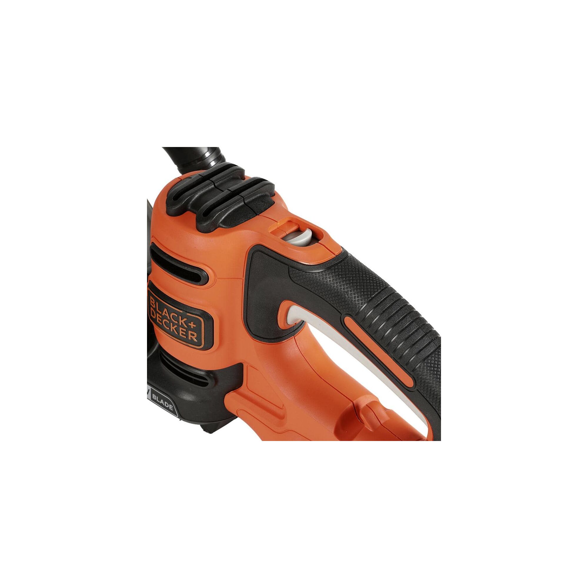 Close up of handle on 20 inch SAWBLADE electric hedge trimmer