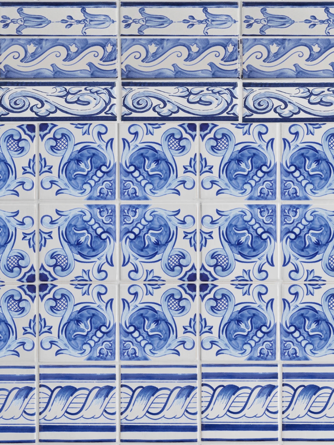 blue and white tiles with elaborate designs.