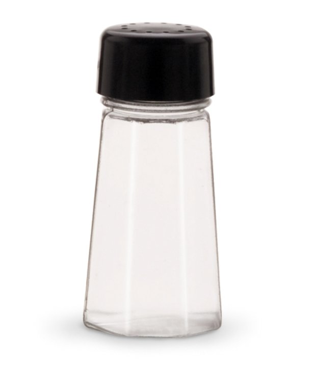 2-ounce clear Traex® Dripcut® plastic salt and pepper shaker with black plastic top