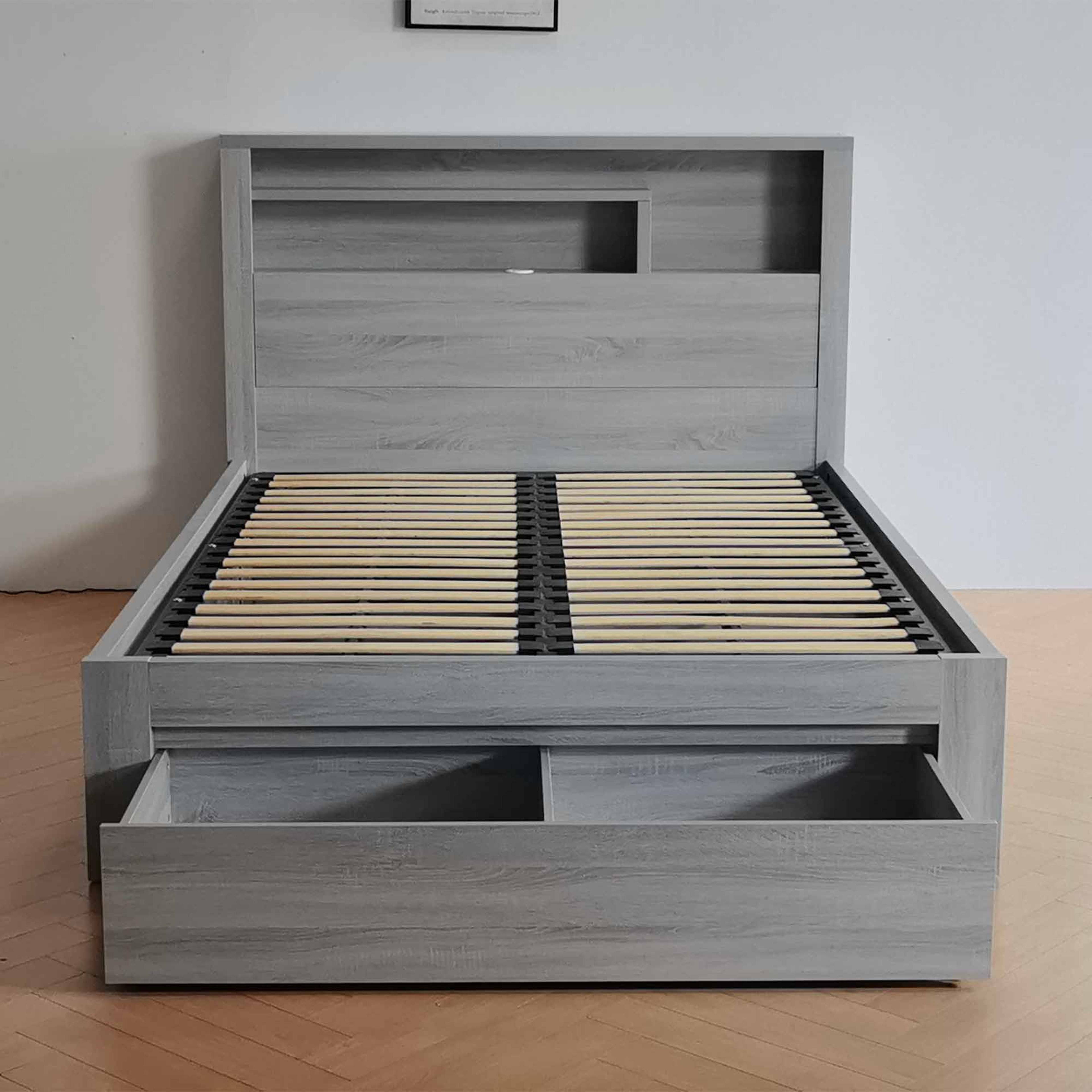 Lifestyle image of the  Bellevue Bed Frame, Front Slat Gas Lift & End Drawer Base, Cement Grey from Forty Winks