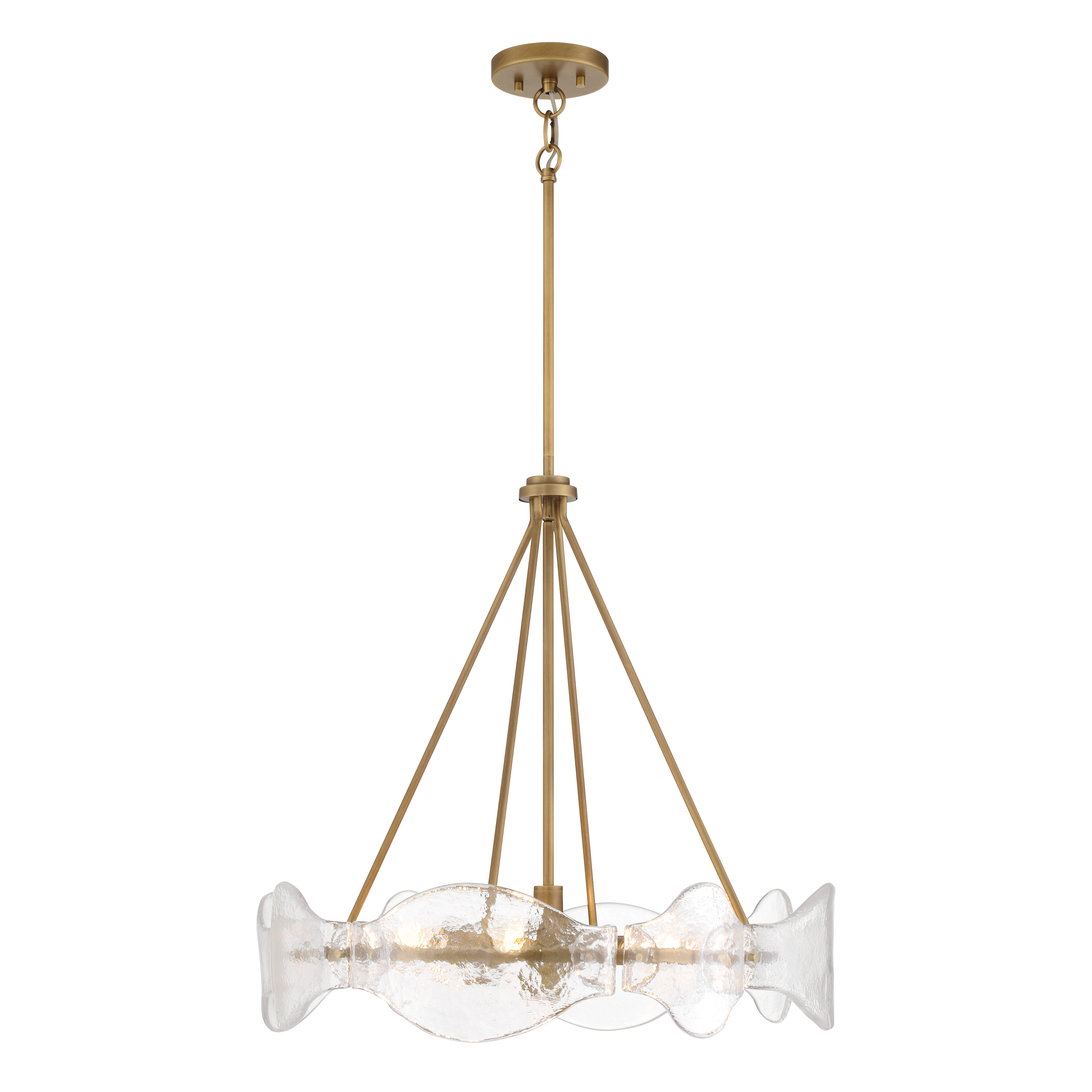 The Elora pendant combines contemporary design with artisanal craftsmanship, featuring six candelabra lights surrounded by clear textured handmade glass. The Legacy Brass finish adds warmth and sophistication to any space. - alternate view