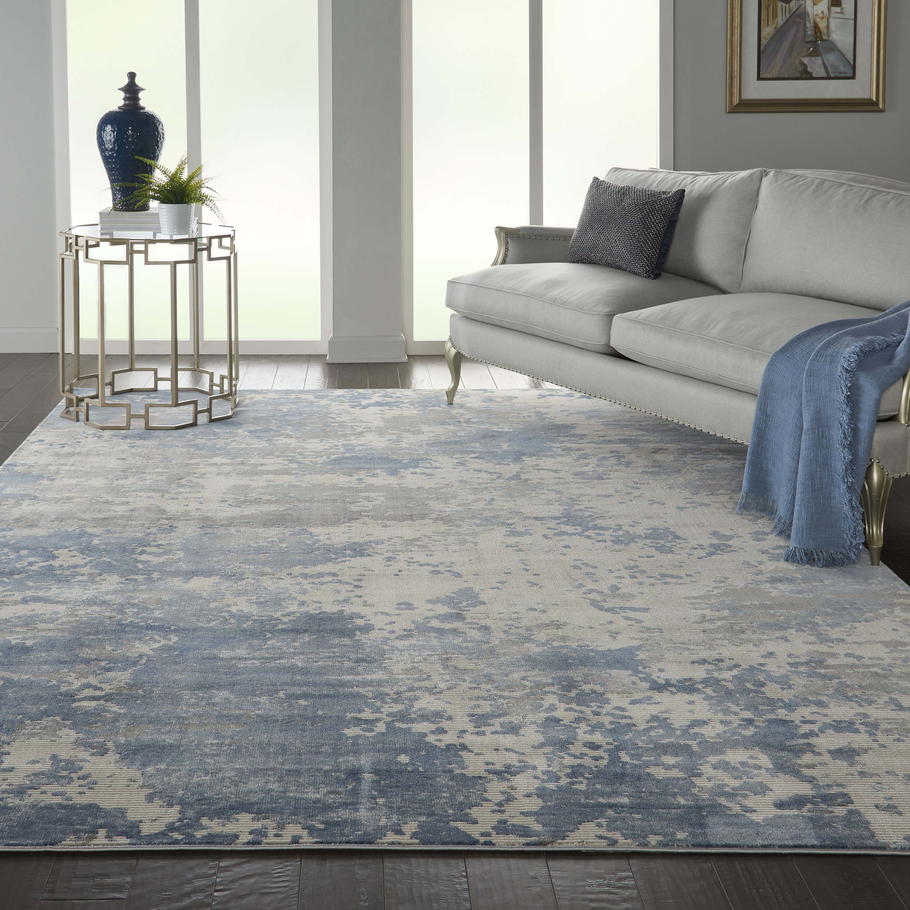 blue gold silver rug