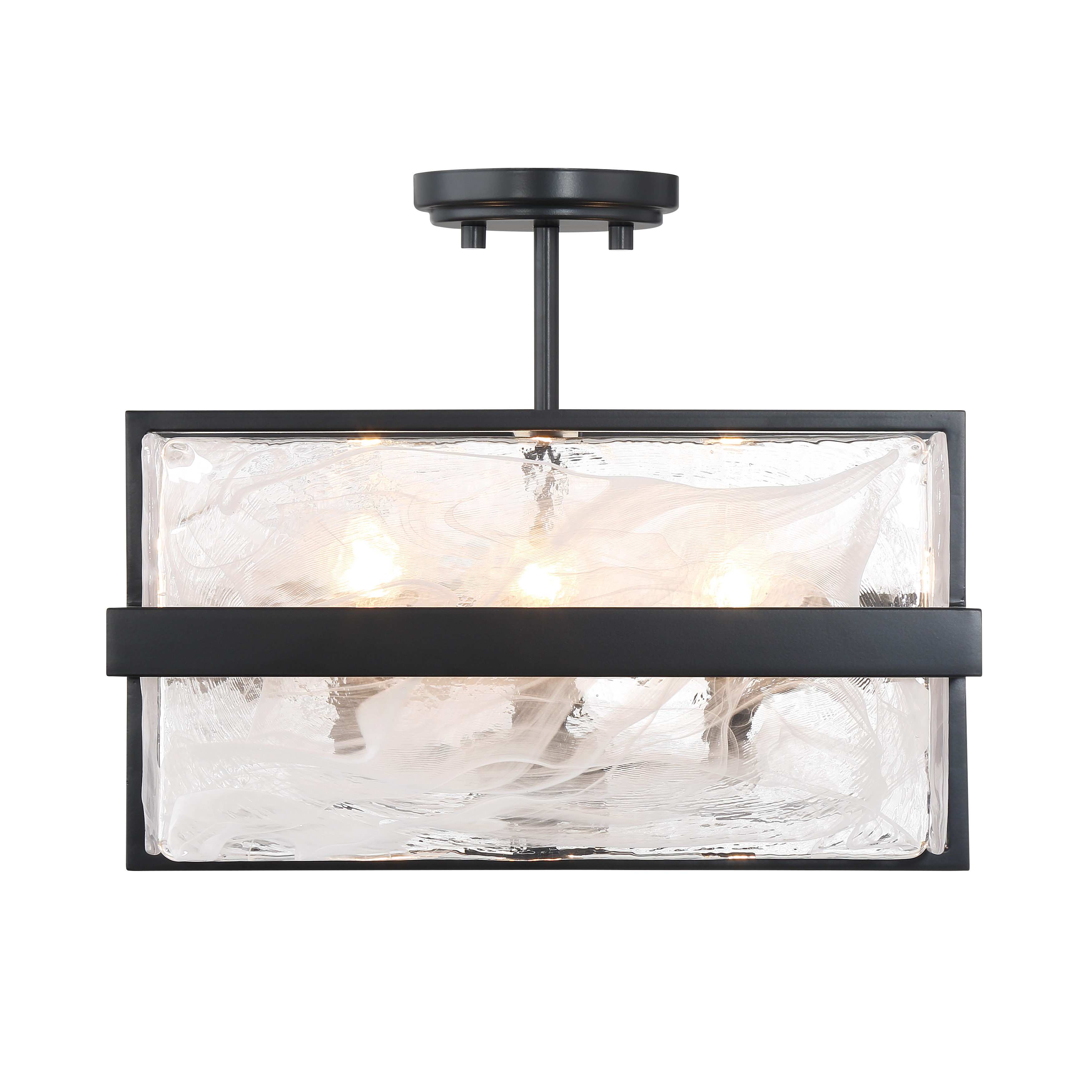 The Cloud Break semi-flush mount combines industrial-modern aesthetics with functional lighting. Its coal black steel frame and unique cloud glass create visual interest while the compact 15-inch width suits smaller spaces perfectly. - alternate view