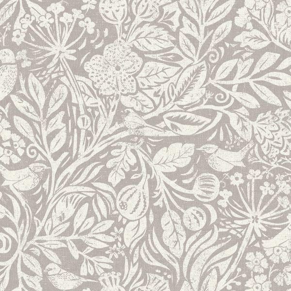 Beige wallpaper with cream, distressed botanical print—stylized leaves, flowers, seed pods and small birds—decorating a surface; close-up view with even, neutral lighting.