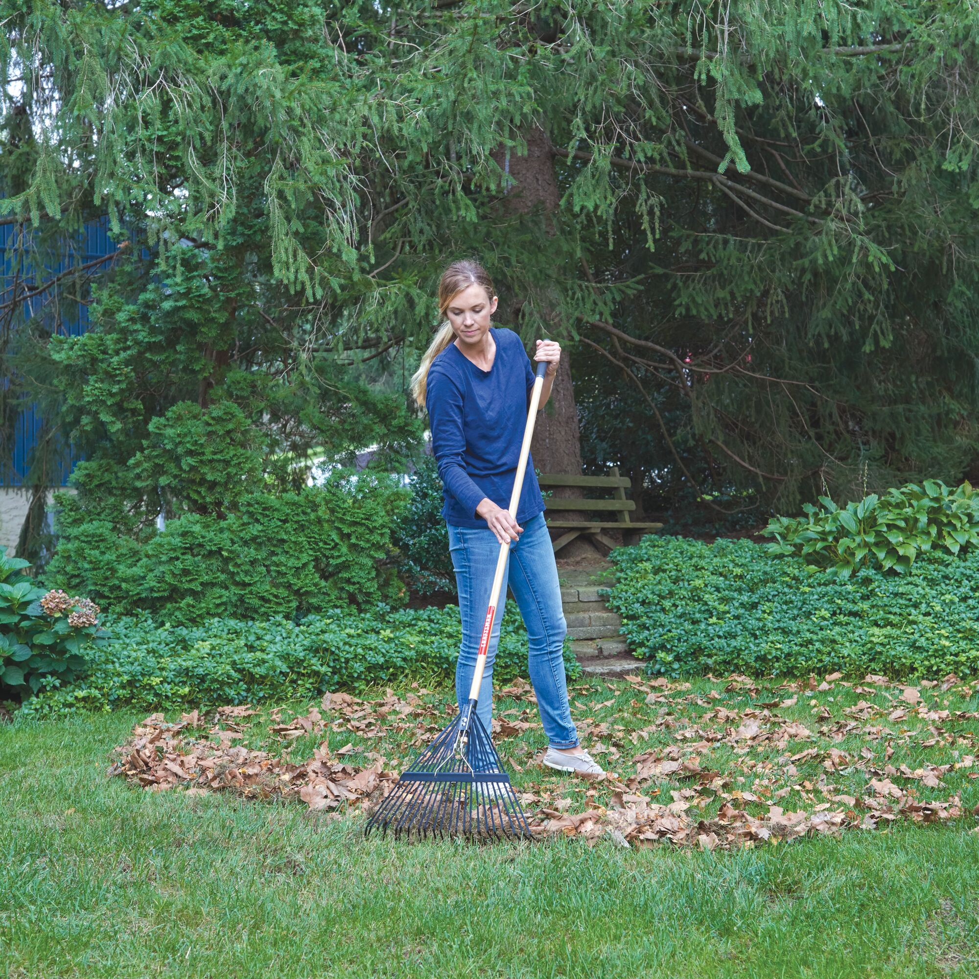 22 inch tine wood handle lawn rake being used by a person.