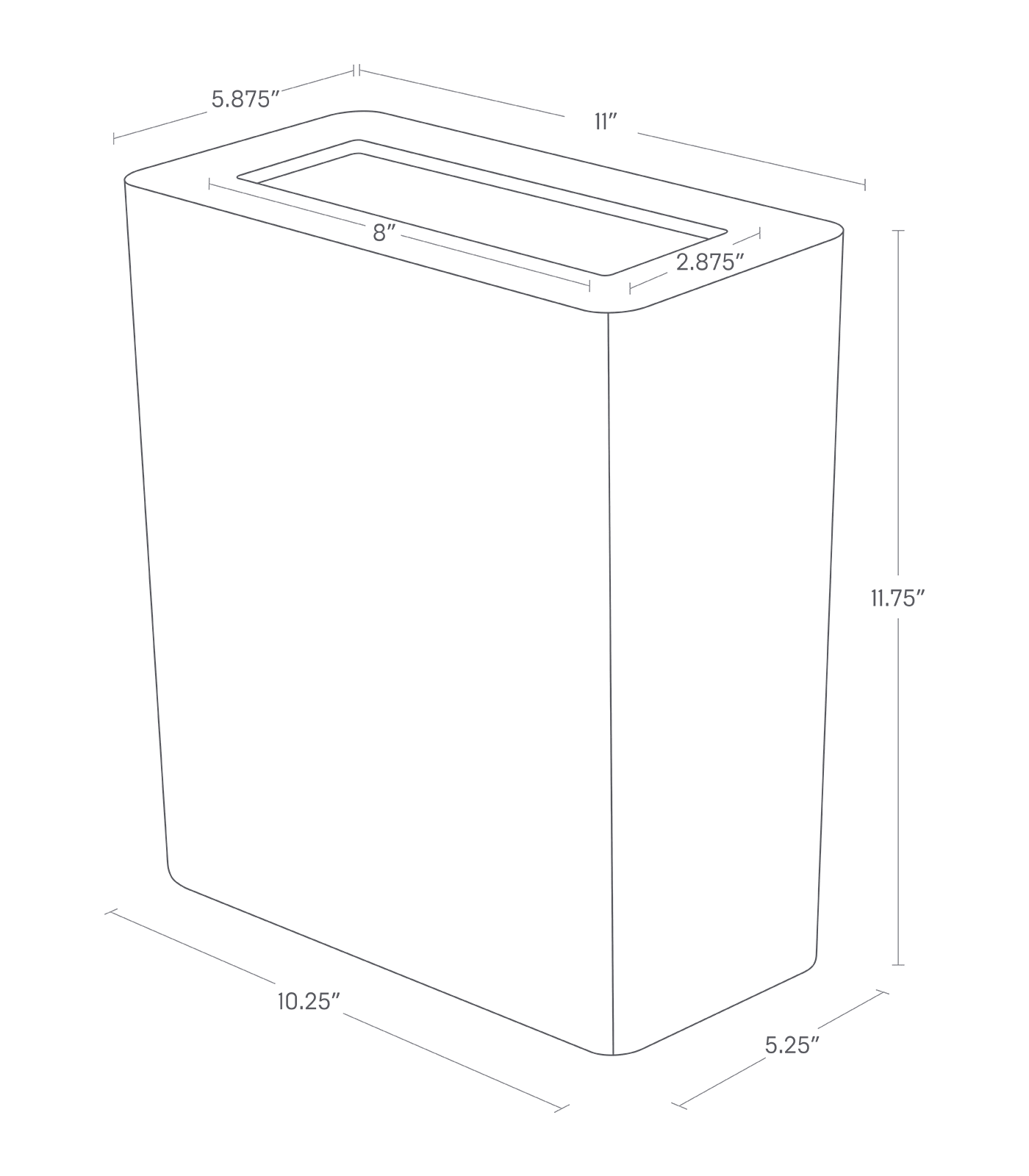 Dimension Image for Trash Can on a white background showing height of 11.75 inches, bottom width of 10.25 inches, bottom length of 5.25 inches, top width of 11 inches, top length of 5.875 inches, opening width of 8 inches, and opening length of 2.875 inches.