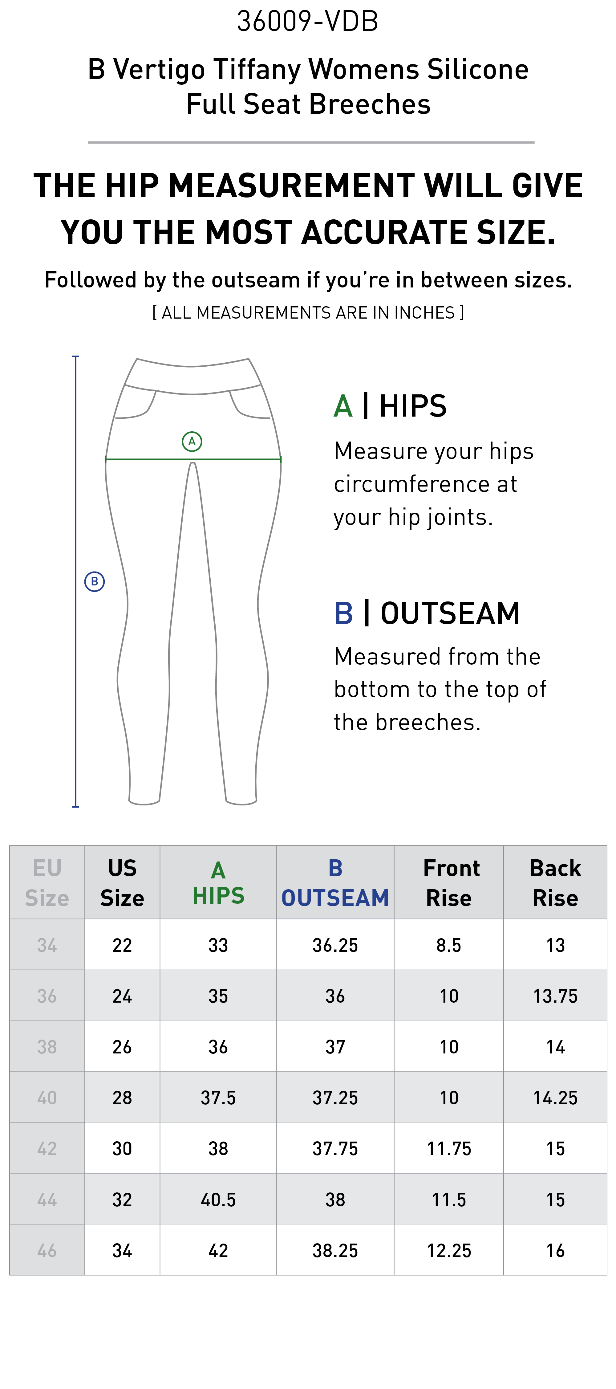 Size chart for B Vertigo Tiffany Womens Silicone Full Seat Breeches - Dark Navy