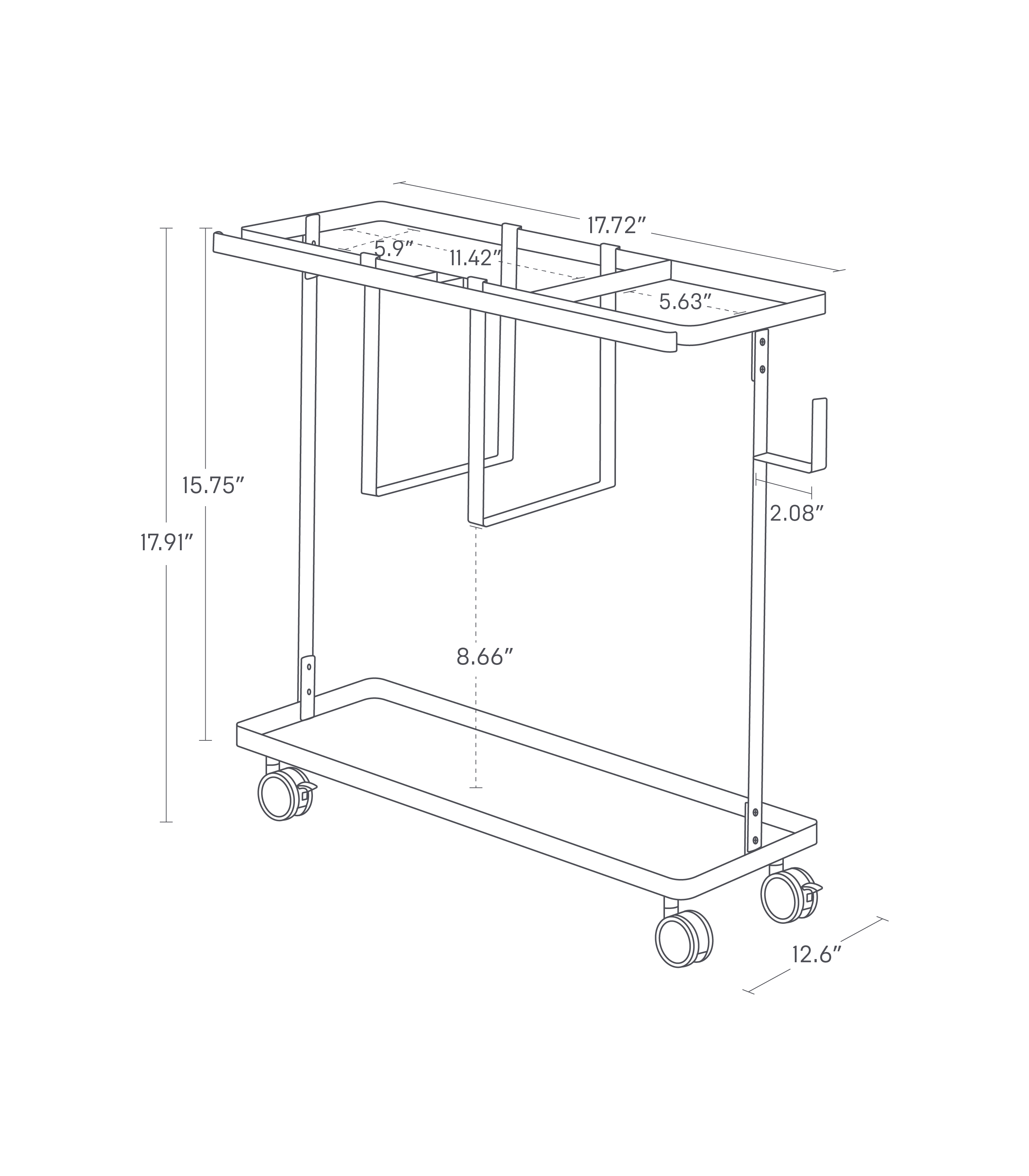 Dimension image for Fitness Equipment Storage Cart showing cart dimensions: length 17.91", width 8.66", height 15.75", top depth 5.63", shelf height 2.08", and wheel diameter 12.6
