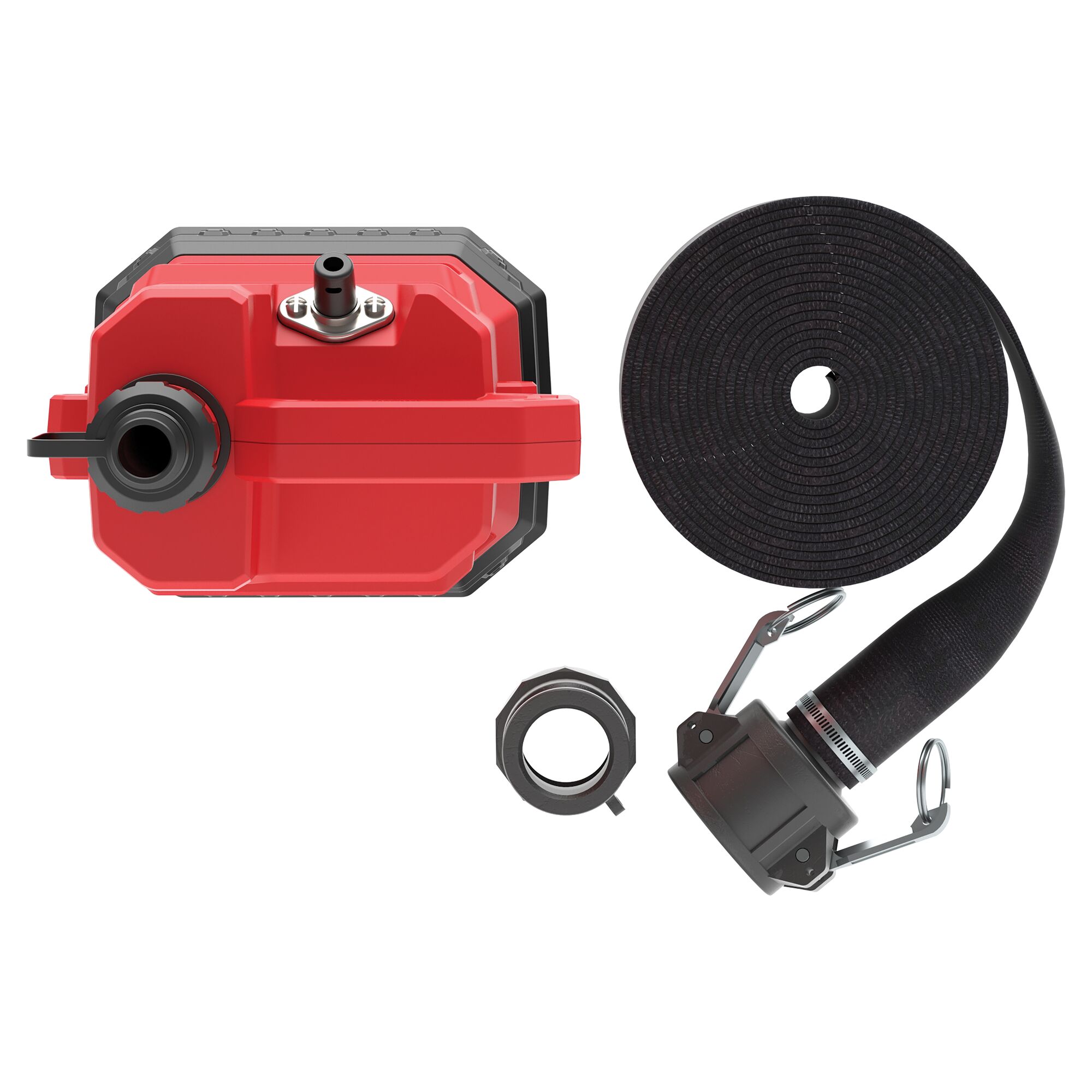 1-3HP WATER/UTILITY PUMP REINFORCED THERMOPLASTIC SUBMERSIBLE WITH PVC LAYFLAT HOSE KIT AND ADAPTERS TOP VIEW