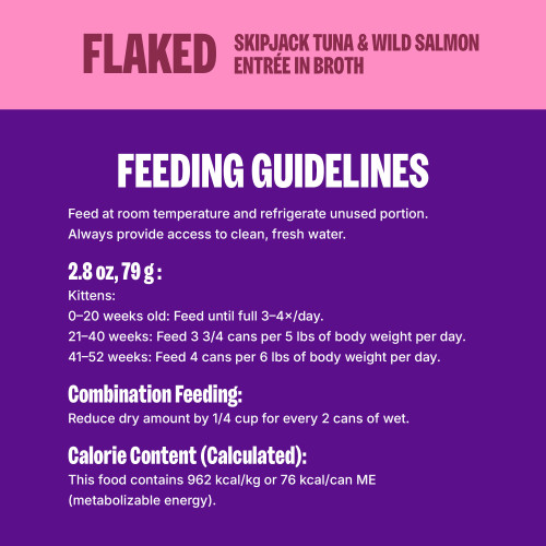 <p>Feed according to the age, size, and activity of your cat. Feed at room temperature and refrigerate unused portion. Always provide access to clean, fresh water. 									</p>
<p>Kittens:<br />
0 – 20 weeks old: Feed until full 3-4 x/day.<br />
21 – 40 weeks, feed 4 cans per 5 lbs of body weight per day.<br />
41 – 52 weeks, feed 4 cans per 6 lbs body weight per day.<br />
Combination Feeding: Reduce dry amount by 1/4 cup for every 2 cans of wet.  									</p>
