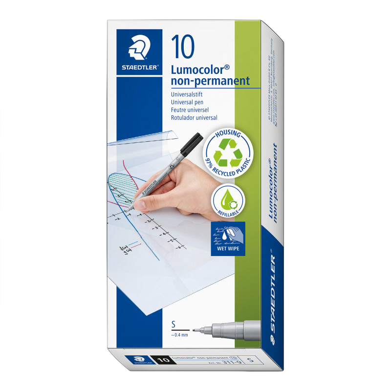 Lumocolor Non-Permanent, Wet Erase, Superfine 0.4 mm, Black, Pack of 10