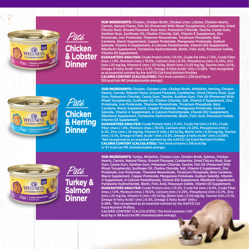 <p>Chicken & Lobster:<br />
Chicken, Chicken Broth, Chicken Liver, Lobster, Chicken Hearts, Carrots, Natural Flavor, Fish Oil (Preserved With Mixed Tocopherols), Cranberries, Dried Chicory Root, Ground Flaxseed, Guar Gum, Potassium Chloride, Taurine, Cassia Gum, Xanthan Gum, Sunflower Oil, Choline Chloride, Salt, Vitamin E Supplement, Zinc Proteinate, Iron Proteinate, Thiamine Mononitrate, Tricalcium Phosphate, Beta Carotene, Niacin Supplement, Copper Proteinate, Manganese Proteinate, Sodium Selenite, Vitamin A Supplement, d-Calcium Pantothenate, Vitamin B12 Supplement, Riboflavin Supplement, Pyridoxine Hydrochloride, Biotin, Folic Acid, Potassium Iodide, Vitamin D3 Supplement.									</p>
<p>Chicken & Herring:<br />
Chicken, Chicken Liver, Chicken Broth, Whitefish, Herring, Chicken Hearts, Carrots, Natural Flavor, Ground Flaxseed, Cranberries, Dried Chicory Root, Guar Gum, Potassium Chloride, Cassia Gum, Taurine, Xanthan Gum, Fish Oil (Preserved With Mixed Tocopherols), Sunflower Oil, Choline Chloride, Salt, Vitamin E Supplement, Zinc Proteinate, Iron Proteinate, Thiamine Mononitrate, Tricalcium Phosphate, Beta Carotene, Niacin Supplement, Copper Proteinate, Manganese Proteinate, Sodium Selenite, Vitamin A Supplement, d-Calcium Pantothenate, Vitamin B12 Supplement, Riboflavin Supplement, Pyridoxine Hydrochloride, Biotin, Folic Acid, Potassium Iodide, Vitamin D3 Supplement.									</p>
<p>Turkey & Salmon:<br />
Turkey, Whitefish, Chicken Liver, Chicken Broth, Salmon, Chicken Hearts, Carrots, Natural Flavor, Ground Flaxseed, Cranberries, Dried Chicory Root, Guar Gum, Cassia Gum, Xanthan Gum, Potassium Chloride, Taurine, Fish Oil (Preserved With Mixed Tocopherols), Sunflower Oil, Choline Chloride, Salt, Vitamin E Supplement, Zinc Proteinate, Iron Proteinate, Thiamine Mononitrate, Tricalcium Phosphate, Beta Carotene, Niacin Supplement, Copper Proteinate, Manganese Proteinate, Sodium Selenite, Vitamin A Supplement, d-Calcium Pantothenate, Vitamin B12 Supplement, Riboflavin Supplement, Pyridoxine Hydrochloride, Biotin, Folic Acid, Potassium Iodide, Vitamin D3 Supplement.</p>
