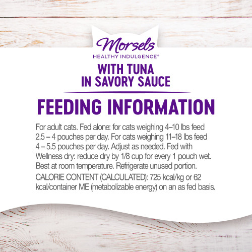 <p>For adult cats. Fed alone: for cats weighing 4–10 lbs feed 2.5 – 4 pouches per day. For cats weighing 11–18 lbs feed 4 – 5.5 pouches per day. Adjust as needed. Fed with Wellness dry: reduce dry by 1/8 cup for every 1 pouch wet. Best at room temperature. Refrigerate unused portion.</p>
