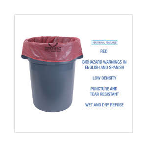 Boardwalk,  LLDPE Liner, 45 gal Capacity, 40 in Wide, 46 in High, 1.3 Mils Thick, Red
