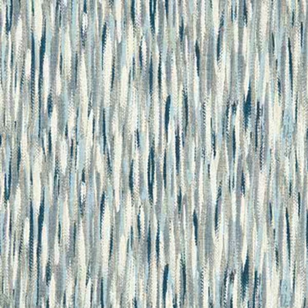 Textured fabric swatch with dense vertical brushstroke pattern; streaks of blue, gray and cream blend and repeat; shown flat under even light as an abstract wallpaper or upholstery sample.