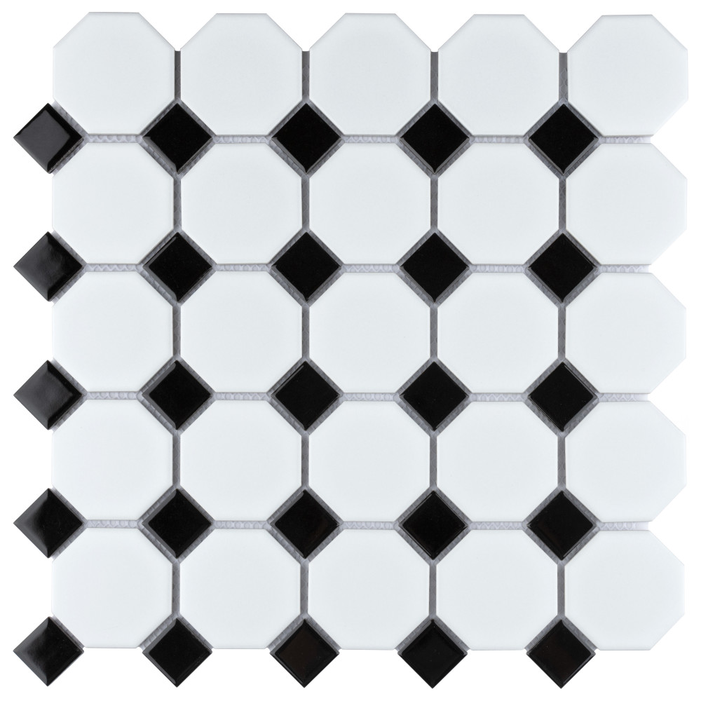 Metro Octagon Matte White w/ Black Dot 11-1/2 in. x 11-1/2 in. Porcelain Mosaic Tile