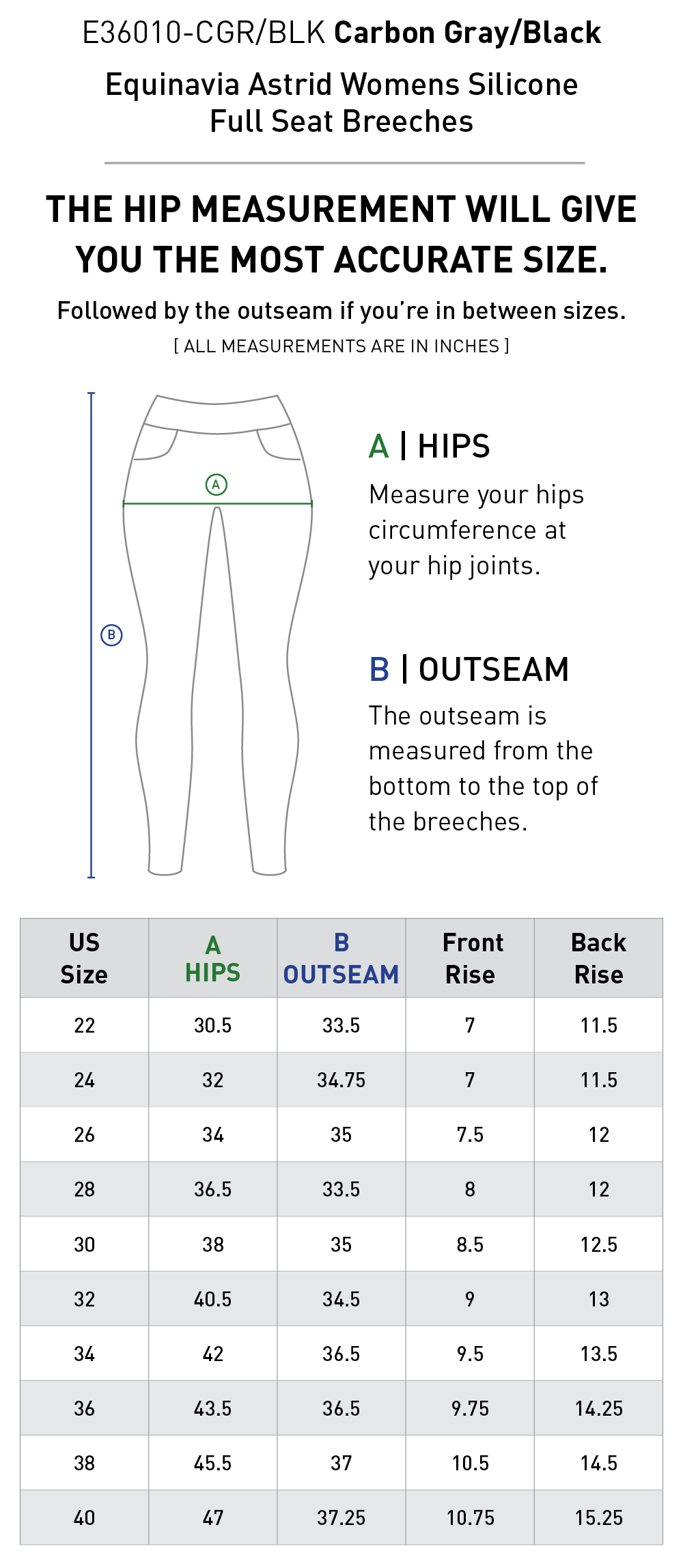 Size chart for Equinavia Astrid Womens Silicone Full Seat Breeches - Carbon Gray/Black
