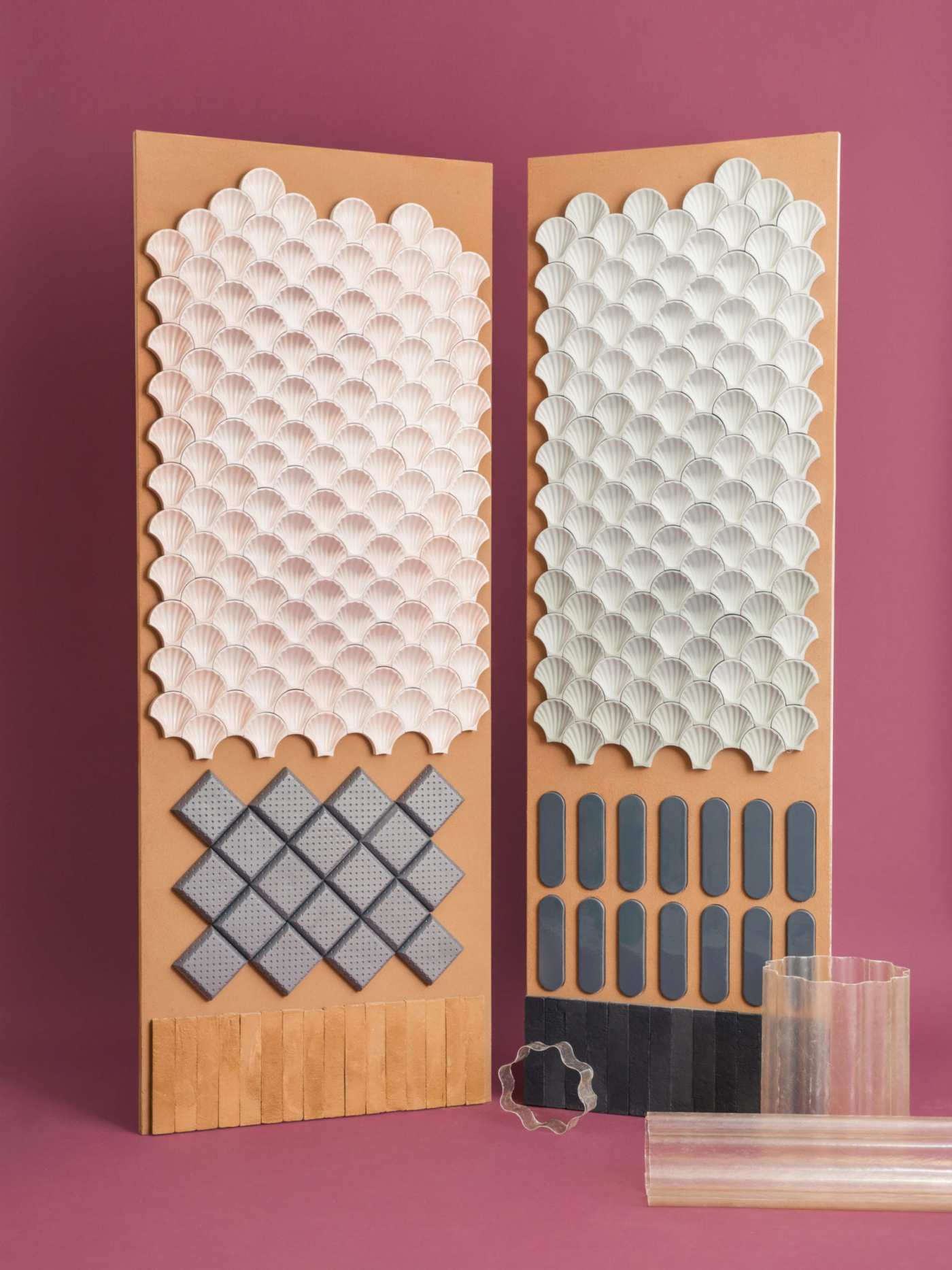 a set of wooden panels and a glass bottle on a pink background.